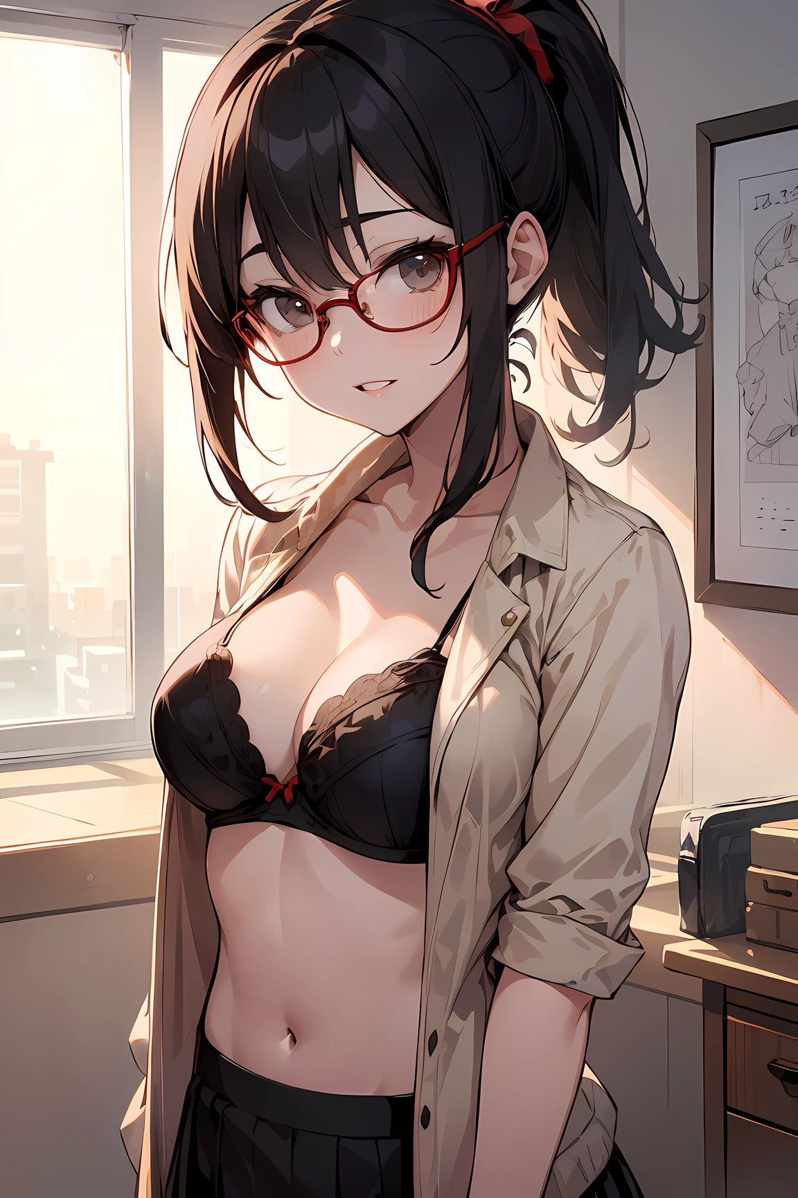 high resolution, Photo of a beautiful woman detailed_face,
young handsome girl,realistic:0.5, perfect skin, (wearing a glasses:1.5), (ultra-detailed background, detailed background), bokeh, make happy expressions, happy emotion, gorgeous,pure, beautyfull detailed face and eyes,breasts,
(black eyes:1.1), (a extremely pretty and beautiful Japanese woman), (sexy girl), (professional attire:1.3), (22 years old: 1.1), 
(arms down:1.3),  
BREAK
breasts, (dark-red luxury lace bra:1.2), (beige pencil-short-skirt:1.2), (tuck-out jeacket:1.5), Insanely detailed outfit, beautiful detailed skin, (cute:1.2), ((K-pop idol)), (upper thigh:0.6), (depth of field),soft light, Lens Glow
looking at viewer, (Drooping eyes:1.2), straight teeth, smile, floating hair, brown eyes, 
BREAK
movie scene, cinematic, full colors, 4k, 8k, 16k, RAW photo, masterpiece, professionally color graded, professional photography,
hair up, consider, soft clean focus, realistic lighting and shading, (an extremely delicate and beautiful art)1.3, elegant,active angle,dynamism pose
BREAK
(ponytail:1.3), (shiny-black thin hair:1.2), bangs, dark brown eyes, beautiful eyes, princess eyes, (big eyes:1.3), bangs, wearing a glasses:1.3, Hair between eyes, short hair:1.3, (slender:1.1), (medium-breasts:0.95), (thin waist: 1.15), (detailed beautiful girl: 1.4), Parted lips, Red lips, full-make-up face, (shiny skin), ((Perfect Female Body)), (upper body image:1.3), Perfect Anatomy, Perfect Proportions, (most beautiful Korean actress face:1.3, extremely cute and beautiful Japanese actress face:1.3), (1glasses girl:1.3, solo), (blush:1.1), gray background, solo focus, (bust shot:1.2),
cinematic light, (nostalgic night scene:1.4), (office room:1.4), the vibrant glow of neon lights, (looking at viewer:1.2),
