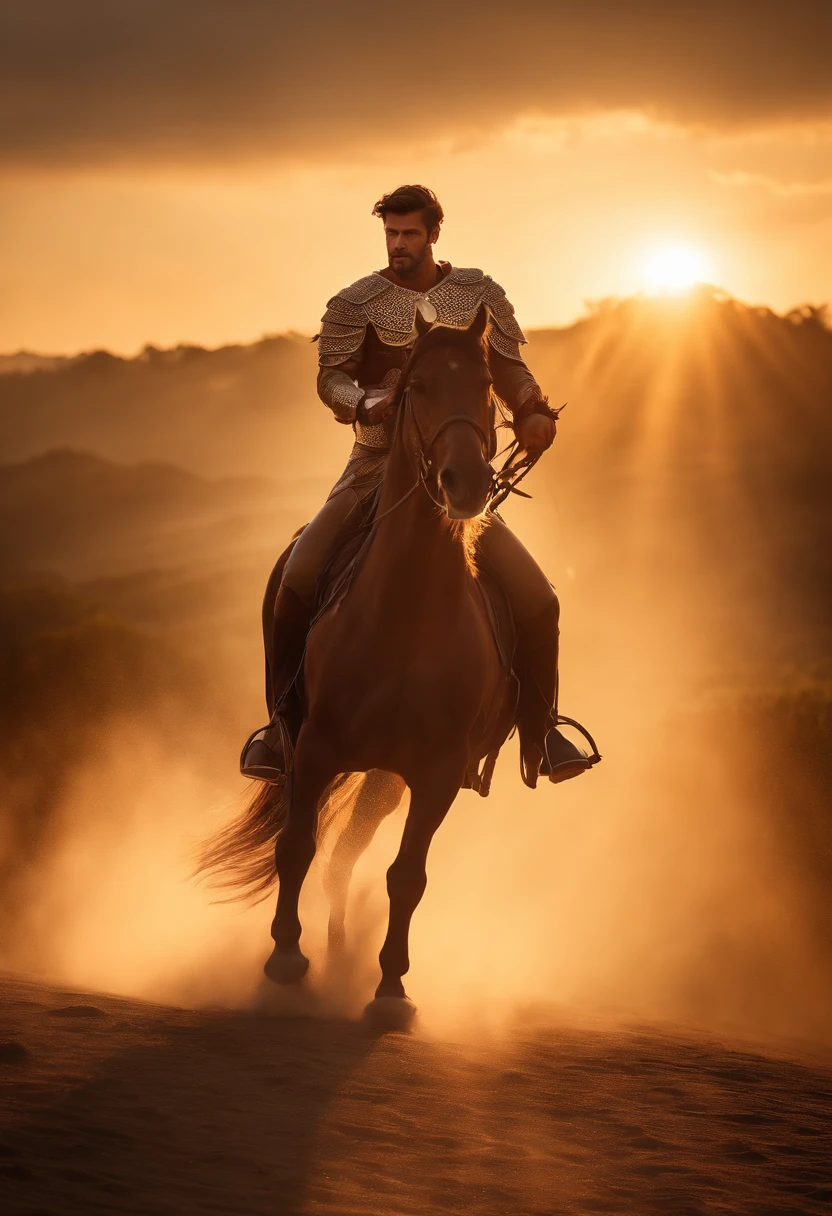 To create an image of a young, powerful man resembling Hercules riding a horse at sunrise, select an appropriate outdoor location with soft morning light and mist, dress the model in a heroic costume, and capture the scene as the model rides the horse into the rising sun, emphasizing his strength and determination. Post-processing can be used to enhance the dramatic effect and amplify the sunrise's beauty.