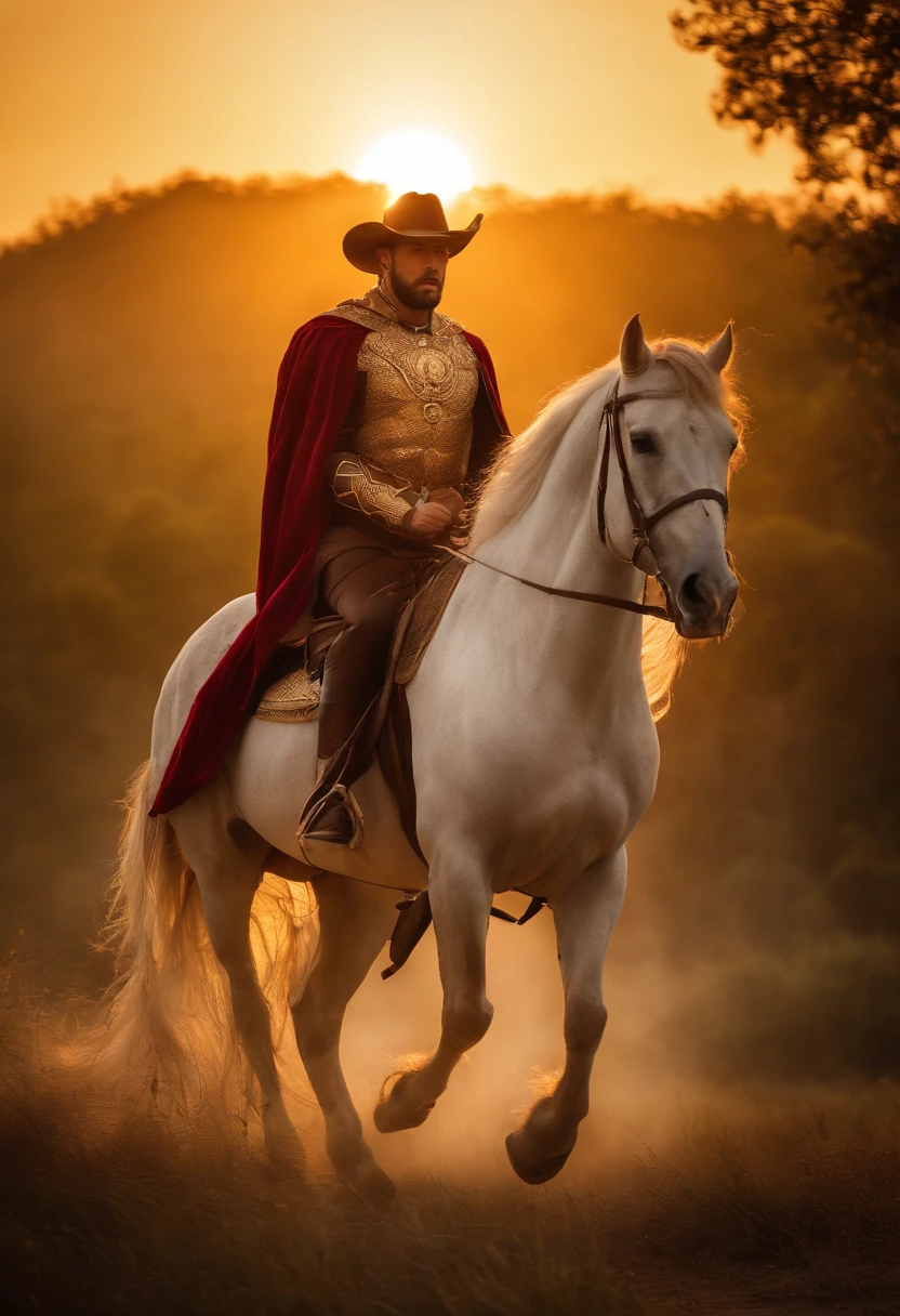 To create an image of a young, powerful man resembling Hercules riding a horse at sunrise, select an appropriate outdoor location with soft morning light and mist, dress the model in a heroic costume, and capture the scene as the model rides the horse into the rising sun, emphasizing his strength and determination. Post-processing can be used to enhance the dramatic effect and amplify the sunrise's beauty.