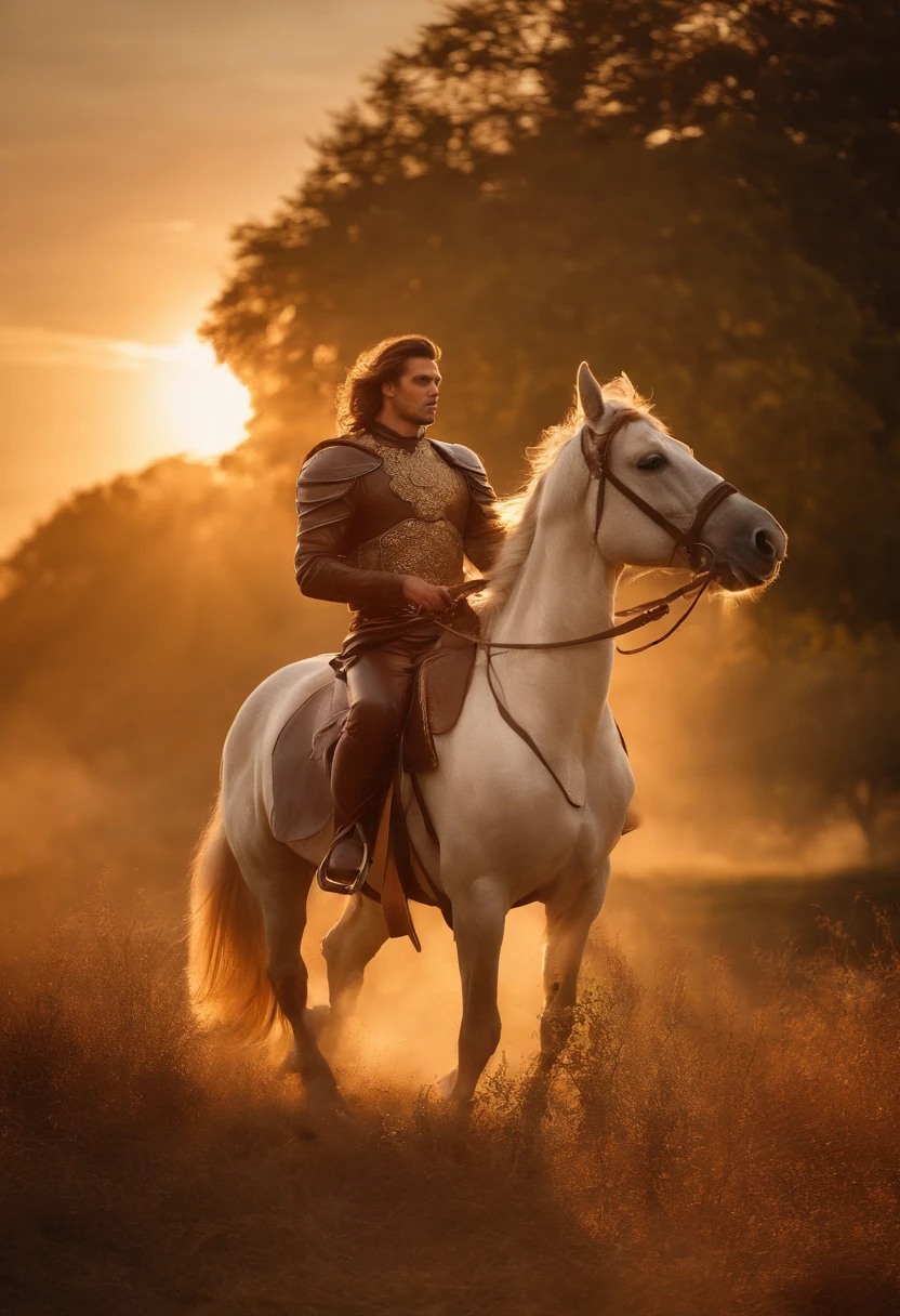 To create an image of a young, powerful man resembling Hercules riding a horse at sunrise, select an appropriate outdoor location with soft morning light and mist, dress the model in a heroic costume, and capture the scene as the model rides the horse into the rising sun, emphasizing his strength and determination. Post-processing can be used to enhance the dramatic effect and amplify the sunrise's beauty.
