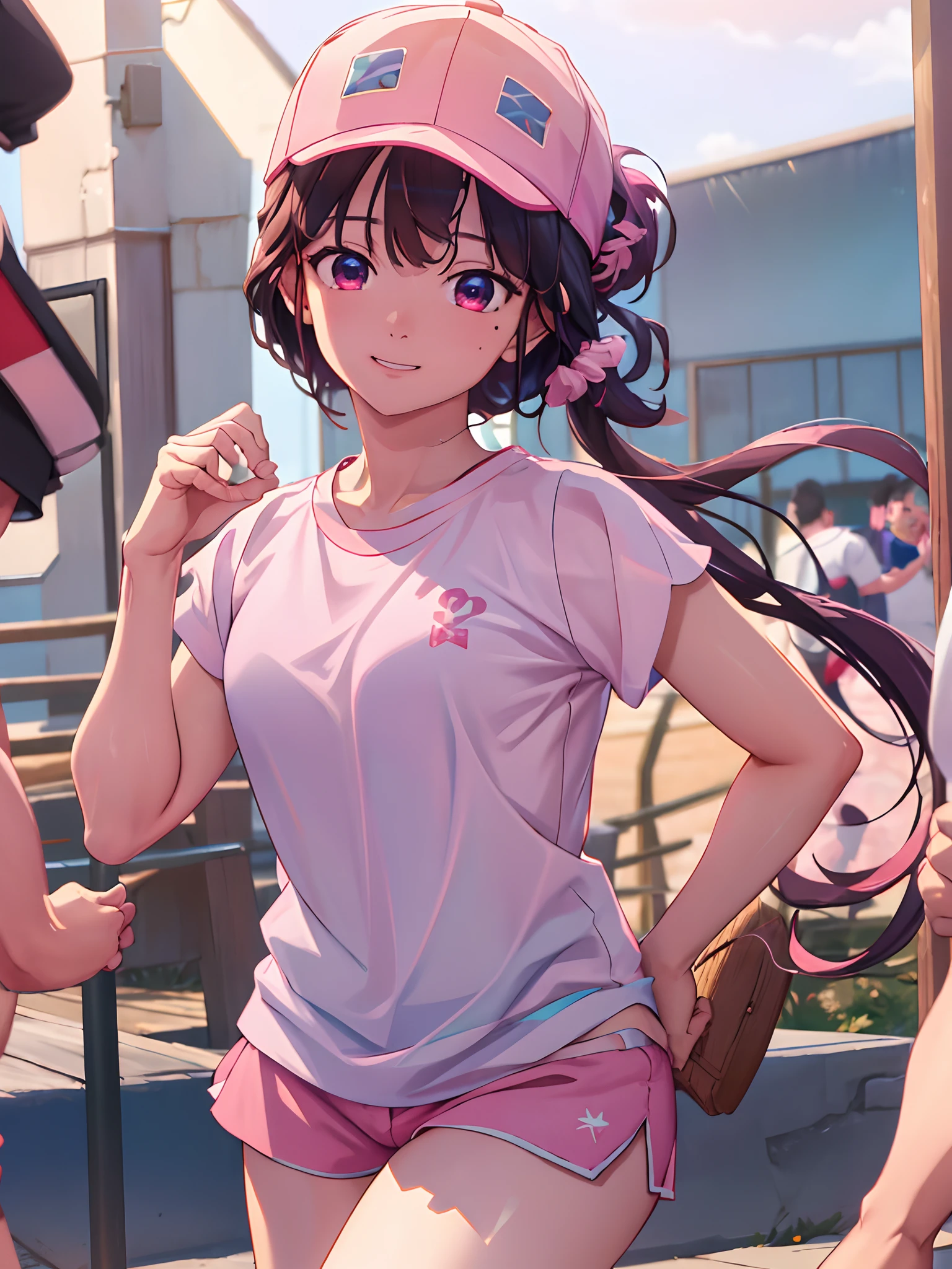 (masterpiece, best quality:1.2), highres, high resolution, MiyoSaimori, 1girl, solo, smile, teeth visible, (hair tied up), T-shirt, white T-shirt, half sleeves, shorts, running shorts, pink running shorts, ((cap, sports cap, pink cap)), outdoors, beach, bangs, medium brreast, looking at viewer, cinematic lighting, perfect fingers, perfect anatomy, beautiful face, alluring face, extra detailed face, award winning quality, blur background, ((masterpiece)), high quality, (cowboy shot)