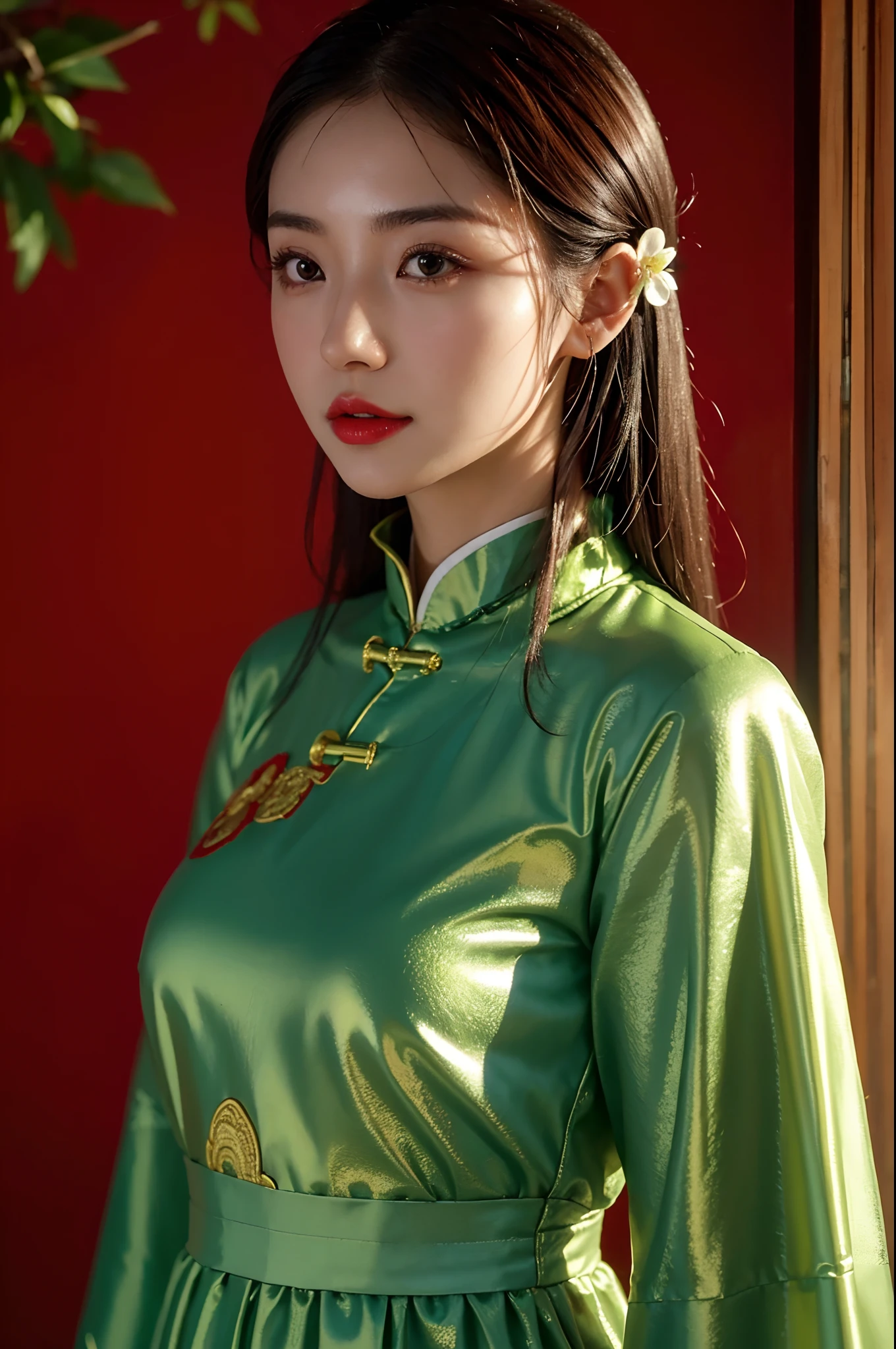 (close up，close up乳沟：1.2)， Arakfi Asian woman，Wearing a green and gold dress, External,hot spring ， girl wearing hanfu, Hanfu, cheongsam, Paired with ancient Chinese costumes, traditional beauty, Chinese traditional clothing, Wearing ancient Chinese clothing, Chinese style, cheongsam, Hanfu, Chinese traditional, Chinese girl, Wearing gorgeous silk clothes，red lips,（the only person）