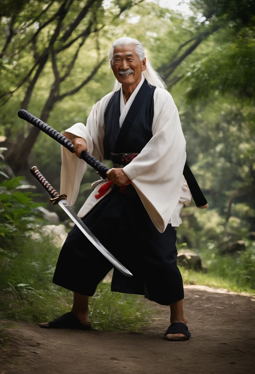 Historical, oldman, Samurai,battered,Black kimono, Japanese Katana Sword, long white hair, samurais,Grandpa, a smile,Heart stick
