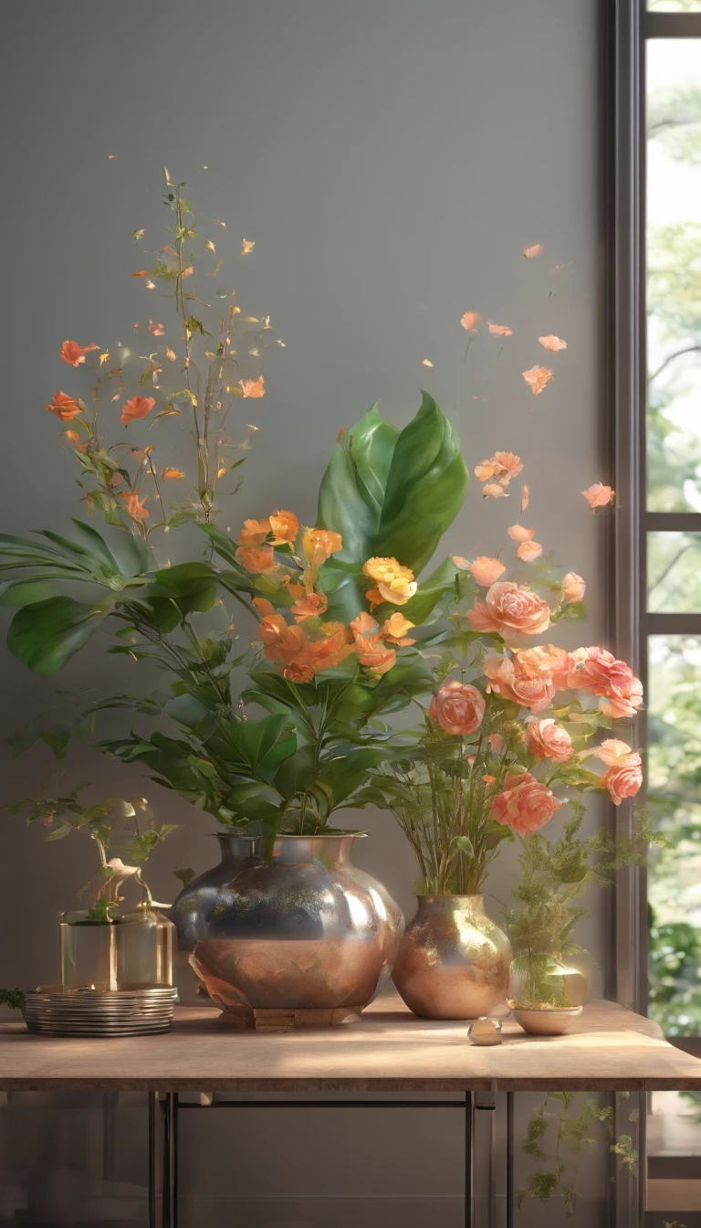 Floral and plant environment In the middle is a metal blank table。Texture