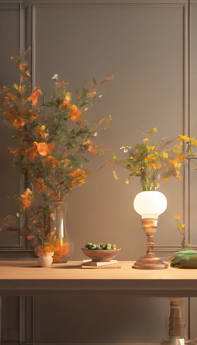 Floral and plant environment In the middle is a metal blank table。Texture