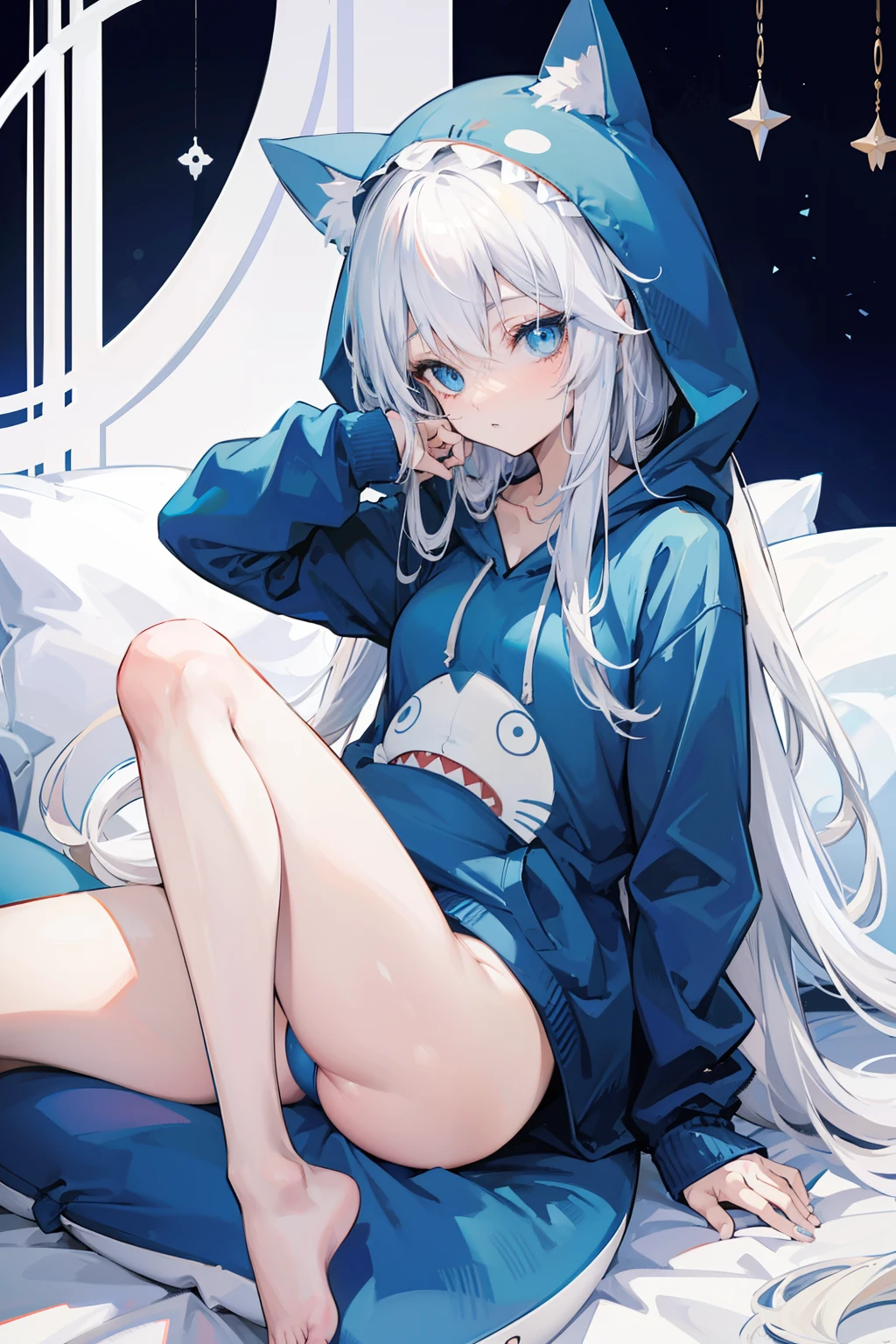 Anime girl, beautiful blue eyes, long white hair, cat ears, in a blue shark onesie with a hoodie on her head, sitting on a bed, beautiful background, good anatomy, bare legs, plump legs, cute, hugging a shark plushie, 8k, high resolution