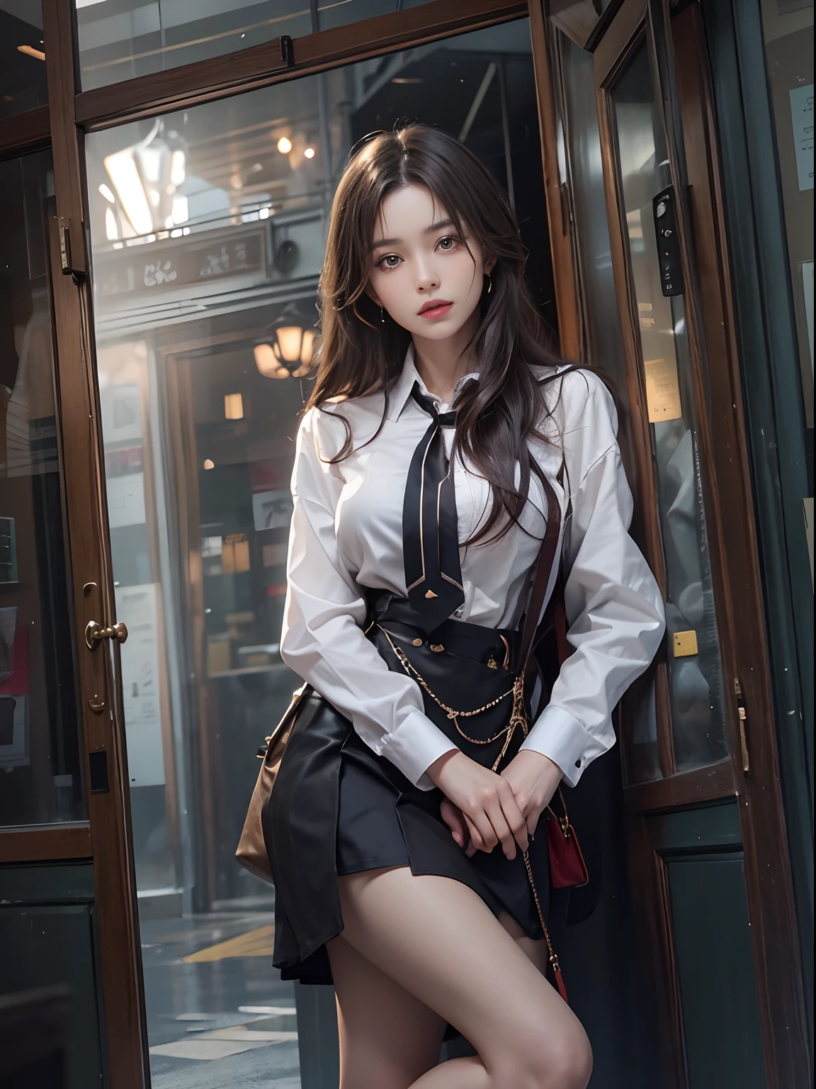 （best qualtiy，A high resolution，tmasterpiece：1.3），A tall and beautiful woman，Slender abs，Dark brown hair in loose wavy styling，nedium breasts，Wear a pendant，white button-down blouse，obi strip，a black skirt，（Modern architecture in background），Beautifully rendered details in face and skin textures，Detailed eyes，二重まぶた，blackstockings