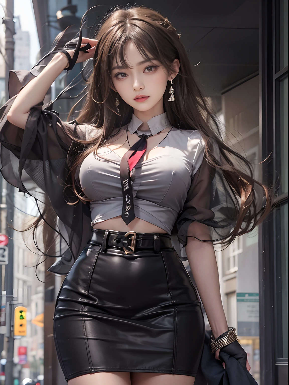 （best qualtiy，A high resolution，tmasterpiece：1.3），A tall and beautiful woman，Slender abs，Dark brown hair in loose wavy styling，nedium breasts，Wear a pendant，white button-down blouse，obi strip，a black skirt，（Modern architecture in background），Beautifully rendered details in face and skin textures，Detailed eyes，二重まぶた，blackstockings