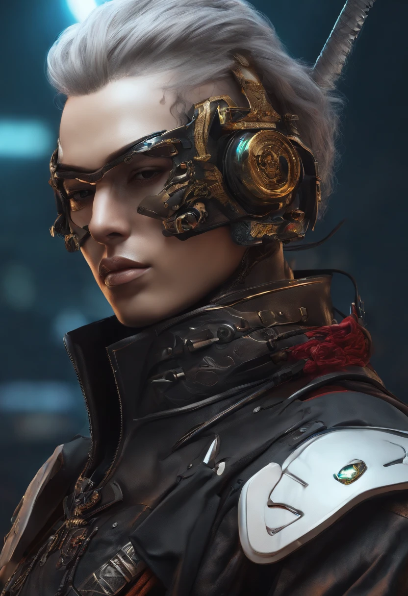 (A detailed portrait of a cyberpunk Samurai with cyberpunk mask), exquisite and slim fitting Cyber style clothing, Cartoon characters from Europe and America,Realistic painting style,Clear lines,Facial tattoo,A sharp gaze,Exquisite facial details,best quality, art, masterpiece, illustration, Bright Colors,color grading,High saturation,High contrast,Poster Style, White background,Accent OctaneRendering,full view,8k --niji 5