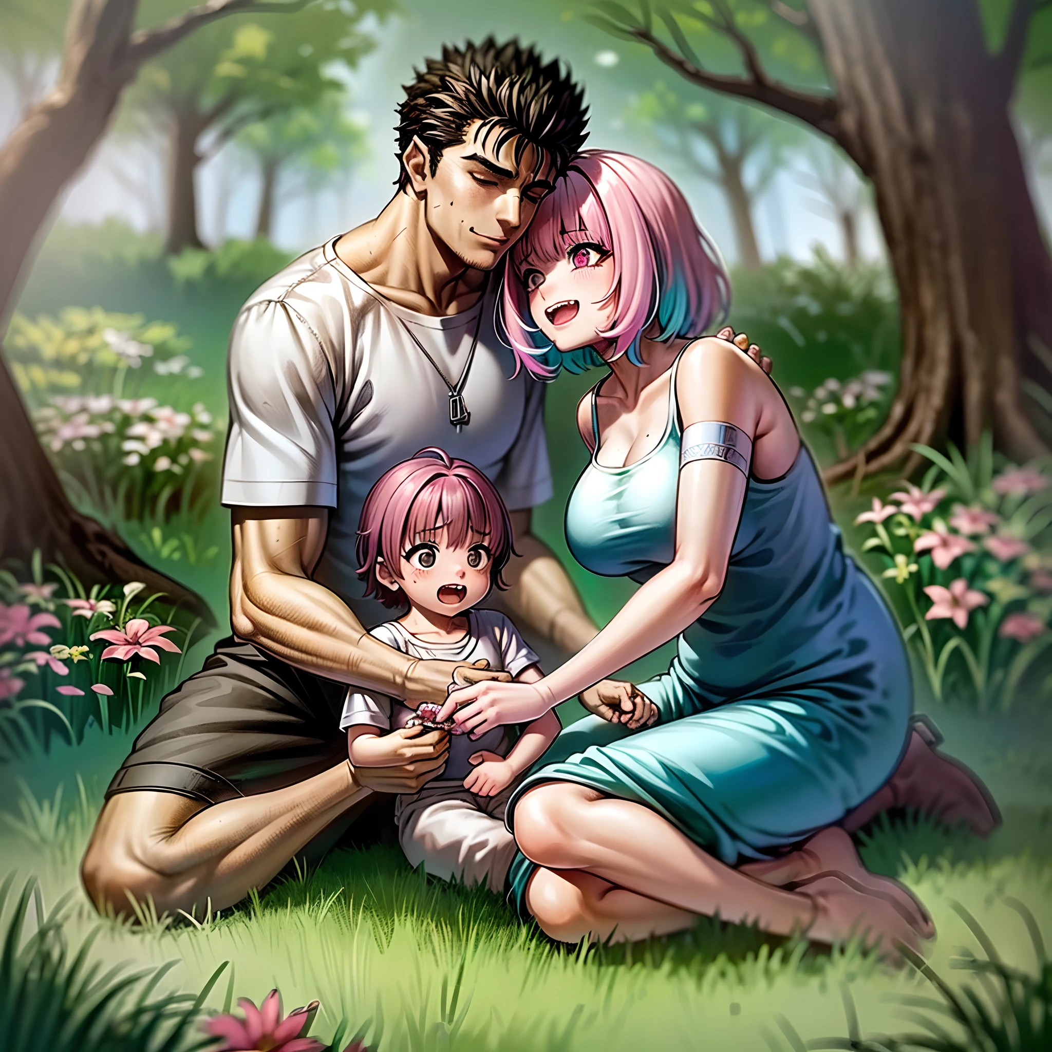 (a happy family in a picnic garden),(riamu as a motherly figure),(riamu and her husband spending quality time),(a couple enjoying the outdoors),(riamu's children playing and having fun),(guts as a loving and caring father),(a loving husband and wife),(riamu and her son sharing a joyful bond),(a happy and harmonious family),(the joyful laughter of children),(the warmth of family bonds),(a picturesque garden scene),(the vibrant colors of nature),(the soft sunlight filtering through the trees),(a peaceful and serene atmosphere),(guts and riamu surrounded by blooming flowers),(the scent of freshly cut grass),(a delicious picnic spread with a variety of food),(the sound of birds chirping),(the feeling of grass beneath their feet),(the love and happiness radiating from the family),(a moment of pure joy and togetherness),(a snapshot of a perfect family outing),(a memory to be cherished forever)