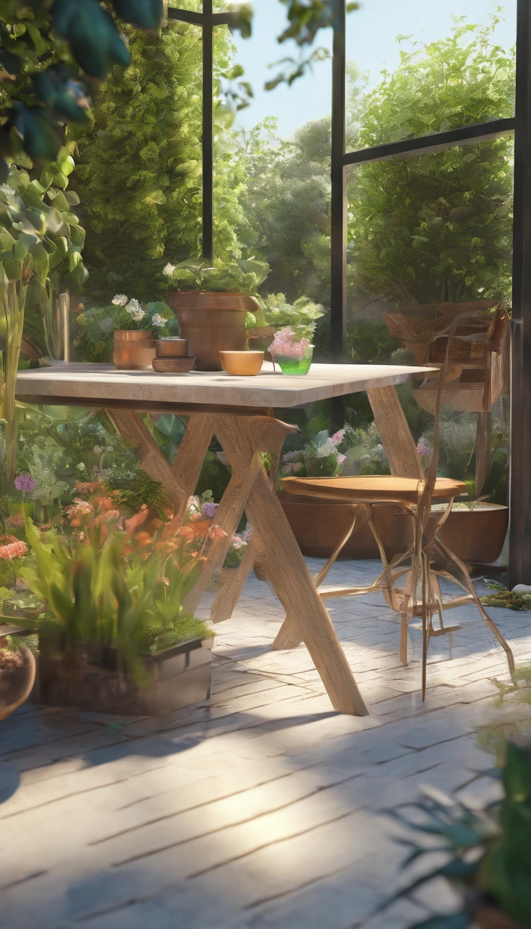 Floral and plant environment In the middle is a metal blank table。Texture C4D 3D。 Surrounded by a garden setting