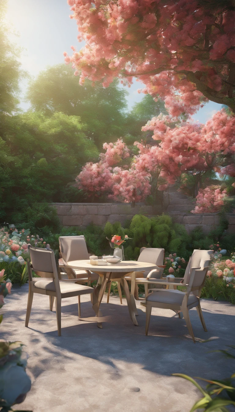 Floral and plant environment In the middle is a metal blank table。Texture C4D 3D。 Surrounded by a garden setting