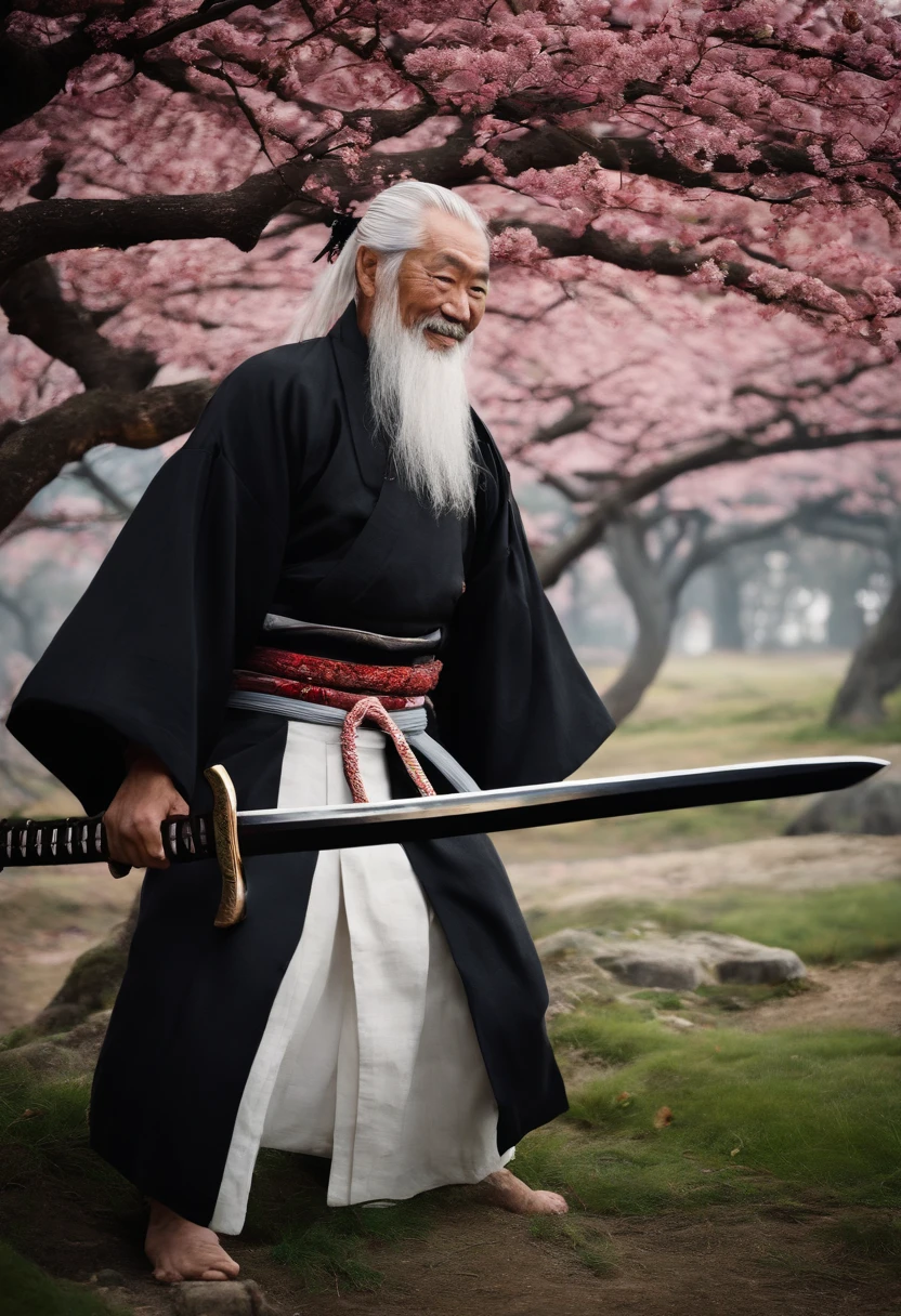 Historical, oldman, Samurai,battered,Black kimono, Japanese Katana Sword, long white hair, samurais,Grandpa, a smile,Heart stick, A black, Fine,cherry trees