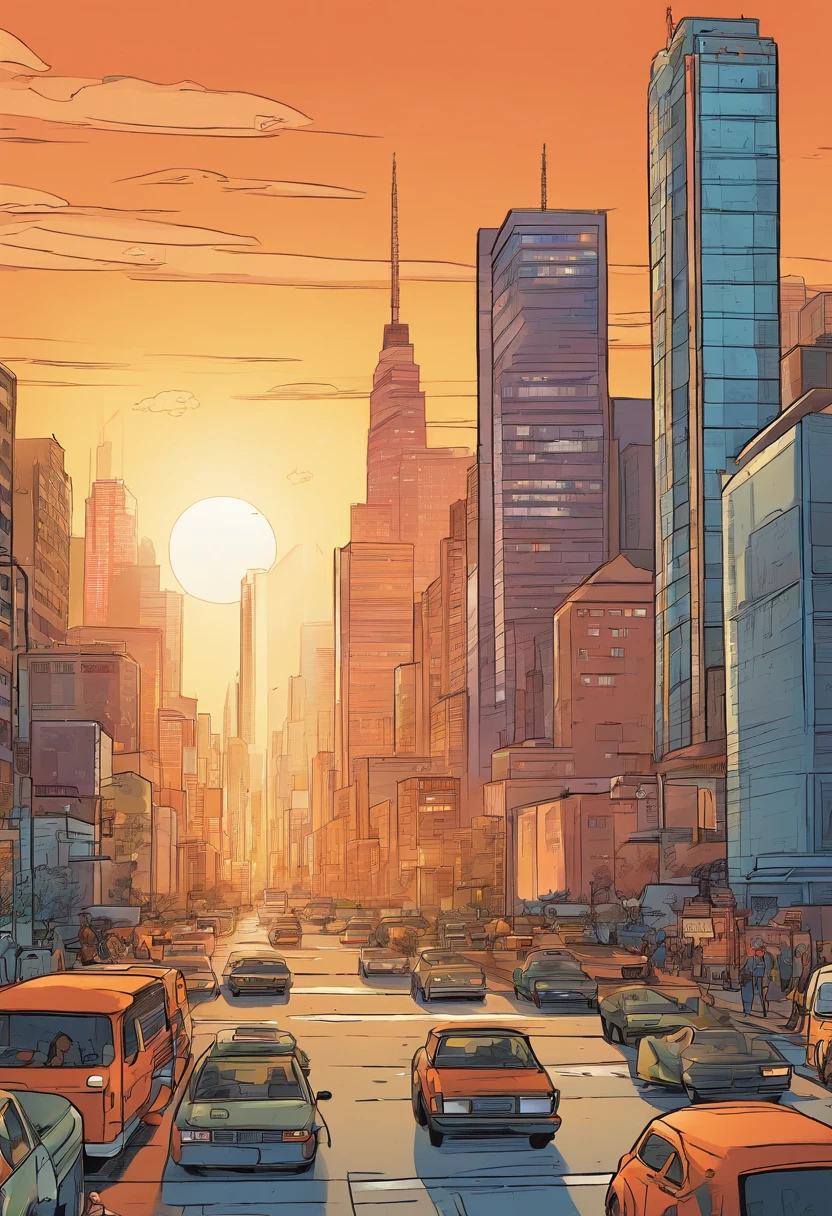 bustling cityscape, with skyscrapers reaching for the sky. The sun is setting, casting a warm orange glow over the scene. People are walking on the streets, and cars are stuck in traffic.]