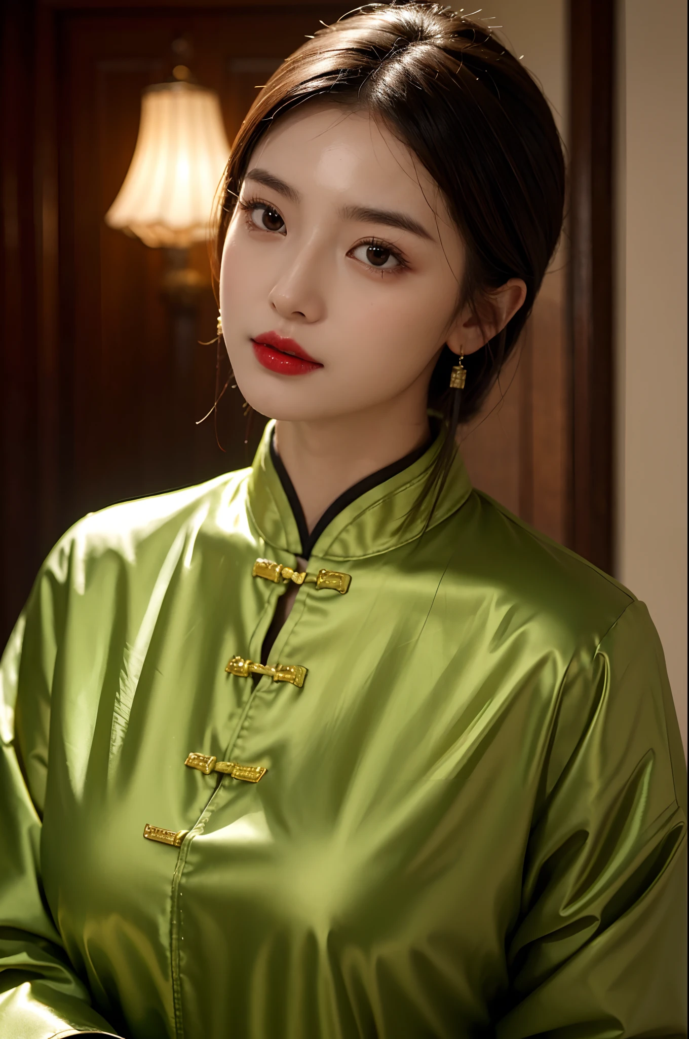 1girls,shrubs,Girl-Girl,china dress,chinese clothes,Blunt haircut,(masterpiece:1.4),(bestquality:1.4),(oily shiny skin),Red lips,looking at the audience,Big breasts,cleft lip, upper body,