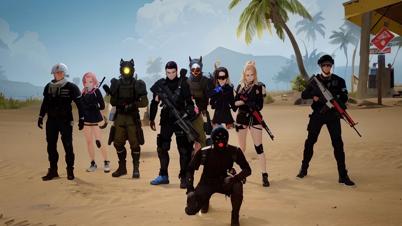 there are a lot of people that are standing in the sand, kawaii swat team, tactical team in hell, vrchat, wearing techwear and armor, squad fighting enemy, <mmorpgs scene, in game, diverse outfits, team fortress style, squad, futuristic avatars, many npcs on the streets, ingame image, ingame