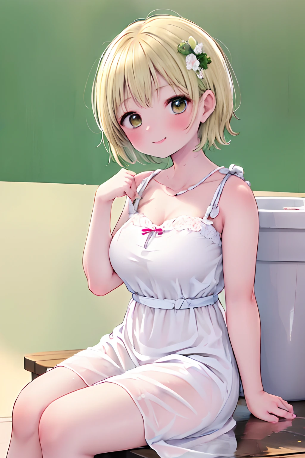 (Best Quality, masutepiece, Raw photo,Ultra-detailed:1.2), 1girl in,Solo,小柄、Soft breasts、Fluffy dresses、Young look、Looking at Viewer,Smile,Sitting、Large bin with liquid、Holding the bin in your hand