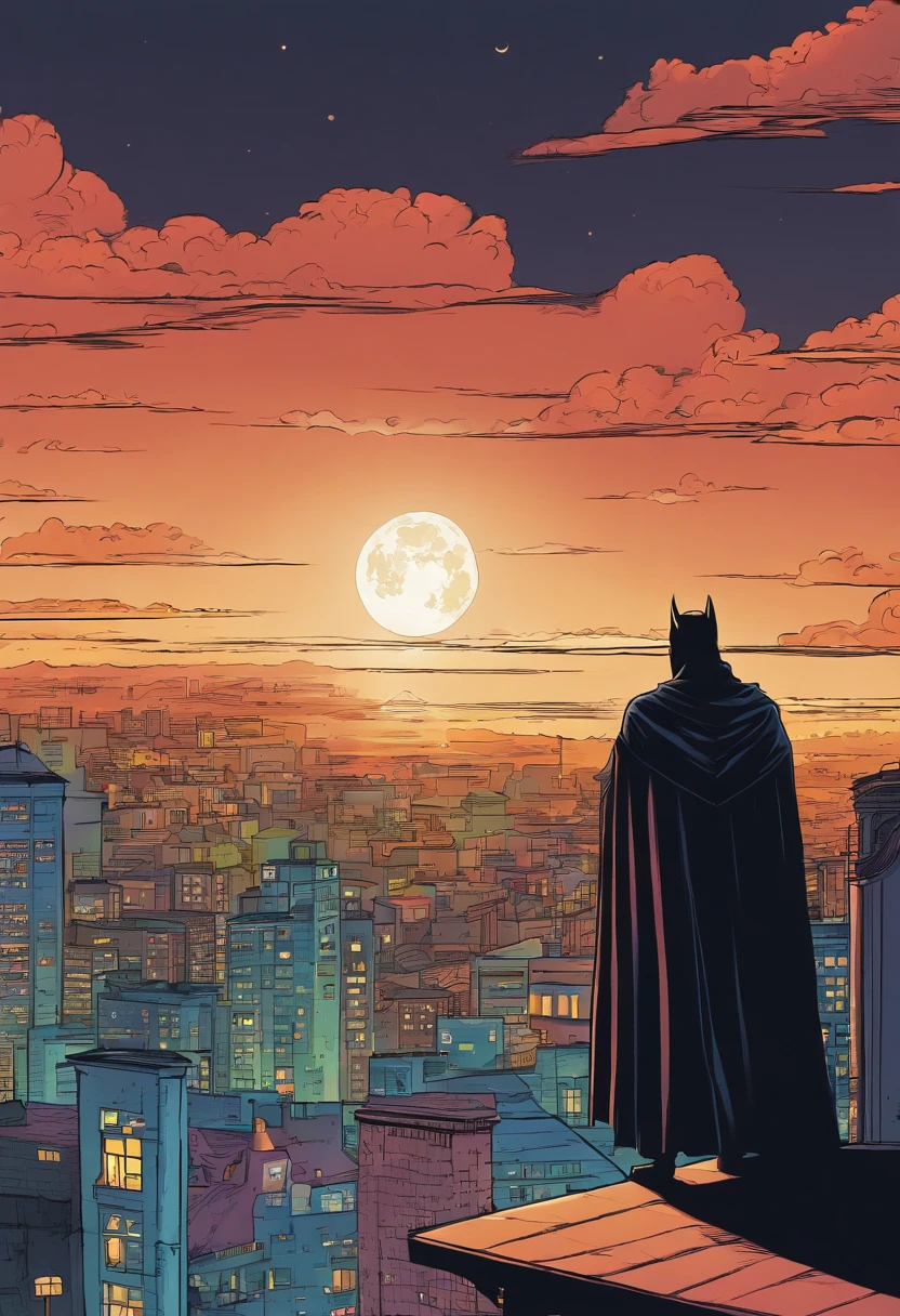A rooftop view of the city with a full moon overhead. A mysterious figure in a dark cape stands at the edge of the building, looking out over the city.]