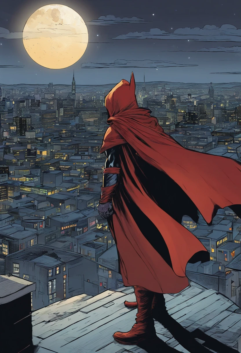 A rooftop view of the city with a full moon overhead. A mysterious figure in a dark cape stands at the edge of the building, looking out over the city.]