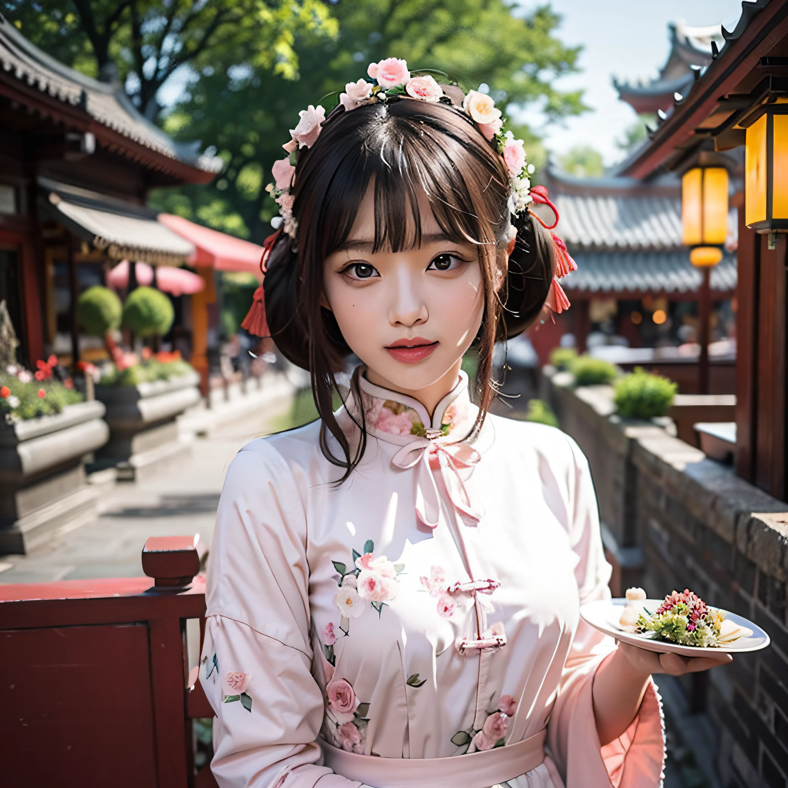 masutepiece, Best Quality, Waterfront, banquet, 1 woman, Mature Woman, Elegant, Chinese style, Ancient China, Sister, Royal sister, Happy, Meatball Head, light brown hair, Pink eyes, Gorgeous headwear, Light pink lips, Pink clothes, Threads, like clothing, Intellectual, full Bangs, flat bangs, Flower balls, delicated face,Upstyle