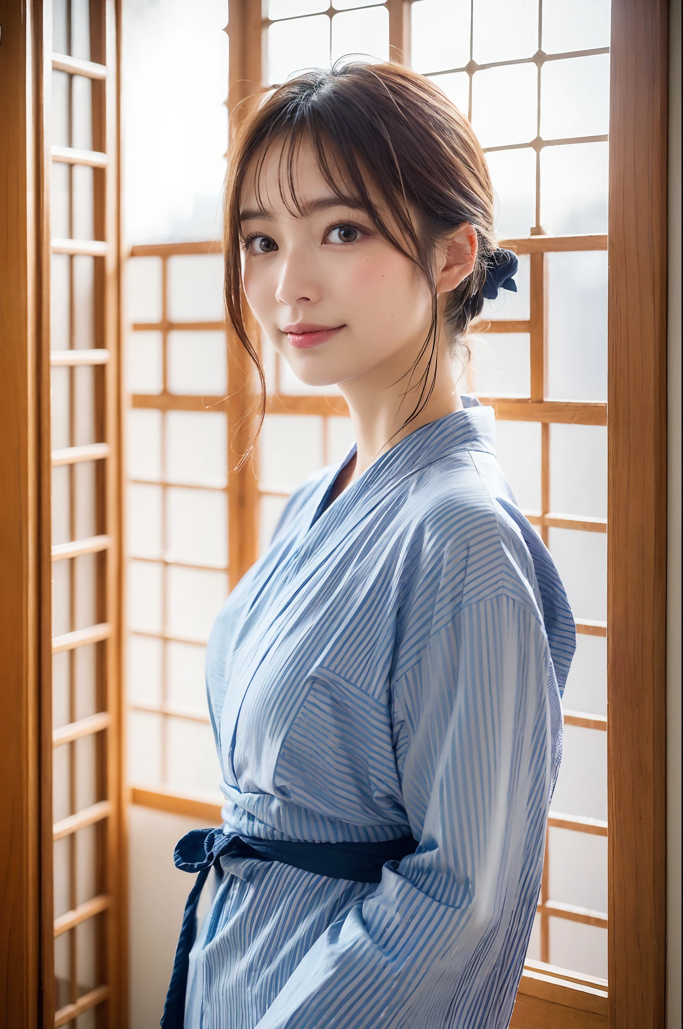 (natta:1.7), East Asian Architecture, 1womanl,Sitting on tatami mats, brunette color hair，（hair between eye）, Lip flap, ,Beautiful fingers,Beautiful long legs,Beauty Body，Cute nose，Beautiful character design，perfect  eyes，face perfect，looking at viewert，（Innocent_Big_Eyes：1.0），（light_Smile：0.3），offcial art，Very detailed CG Unity 8K wallpaper，Perfect litthing，highly colorful，Bright_front_Face_Lighting，（tmasterpiece:1.0),(best_quality:1.0), 超A high resolution,4K,ultra - detailed, photography of, 8K, nffsw, hight resolution, absurderes:1.2, Kodak Portra 400, film grains, the background is blurred, Bokeh:1.2, Lens Flare Glow, ( Vibrant_Color:1.2) (Beautiful,Large_breasts:1.4), (Beautiful_Face:1.5),(narrow_waist-up),8K,Raw photo, 、Relax at a ryokan in Japan、The background is the open-air bath at night at a hot spring inn (Girls are not subjects:1.3) (Hair after a bath:1.3),(Hair is wet:1.3) ((Girls are not subjects:1.2))((Draw a wide night background:1.2),((Yukata with light blue stripes isolated on white background:1.3)),(Yukata does not need gloss at all:1.5)),((No need for a Korean yukata or Korean-style hairstyle.:1.5)),((Faithfully and realistically reproduce a pure Japan yukata:1.5))((Light Pink Band:1.3)),((The background is the entrance living room、At night, Overlooking the inn's large and beautiful gardens..:1.3)),((8th class))、((Light Pink Band:1.5)) ((Beautiful shiny straight short long:1.5)) sixteen years old、((Beautiful shiny straight short long:1.5))((Pink Band))、((The color of the band is pink:1.3),(Faithfully and realistically reproduce the obi of a yukata:1.3) ((Faithfully and realistically reproduce a pure Japan yukata:1.5)),((Walking through the corridors of the inn at night:1.3))a sense of depth、Night Hostel　There are small lights and flowers in the hallway. (When you open a window, You can see a beautiful sunset outside.:1.3) sixteen years old、((Beautiful shiny straight short long:1.5))((Window lattices should be small、Faithful and accurate reproduct