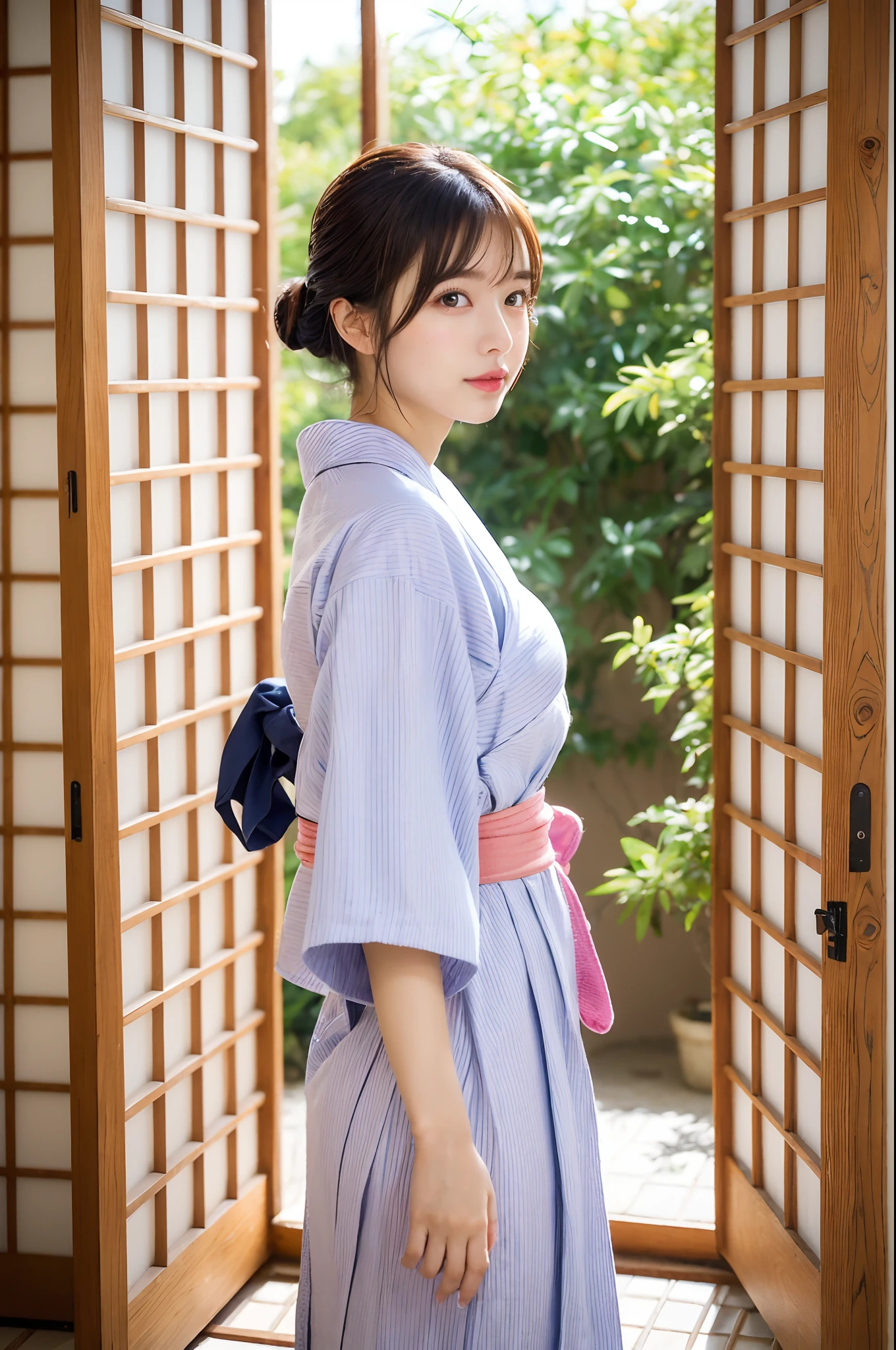 (natta:1.7), East Asian Architecture, 1womanl,Sitting on tatami mats, brunette color hair,(hair between eye), Lip flap, ,Beautiful fingers,Beautiful long legs,Beauty Body,Cute nose,Beautiful character design,perfect eyes,face perfect,looking at viewert,(Innocent_Big_Eyes:1.0),(light_Smile:0.3),offcial art,Very detailed CG Unity 8K wallpaper,Perfect litthing,highly colorful,Bright_front_Face_Lighting,(tmasterpiece:1.0),(best_quality:1.0), 超A high resolution,4K,ultra - detailed, photography of, 8K, nffsw, hight resolution, absurderes:1.2, Kodak Portra 400, film grains, the background is blurred, Bokeh:1.2, Lens Flare Glow, ( Vibrant_Color:1.2) (Beautiful,Large_breasts:1.4), (Beautiful_Face:1.5),(narrow_waist-up),8K,Raw photo, 、Relax at a ryokan in Japan、The background is the open-air bath at night at a hot spring inn (Girls are not subjects:1.3) (Hair after a bath:1.3),(Hair is wet:1.3) ((Girls are not subjects:1.2))((Draw a wide night background:1.2),((Yukata with light blue stripes isolated on white background:1.3)),(Yukata does not need gloss at all:1.5)),((No need for a Korean yukata or Korean-style hairstyle.:1.5)),((Faithfully and realistically reproduce a pure Japan yukata:1.5))((Light Pink Band:1.3)),((The background is the entrance living room、At night, Overlooking the inn's large and beautiful gardens..:1.3)),((8th class))、((Light Pink Band:1.5)) ((Beautiful shiny straight short long:1.5)) sixteen years old、((Beautiful shiny straight short long:1.5))((Pink Band))、((The color of the band is pink:1.3),(Faithfully and realistically reproduce the obi of a yukata:1.3) ((Faithfully and realistically reproduce a pure Japan yukata:1.5)),((Walking through the corridors of the inn at night:1.3))a sense of depth、Night Hostel There are small lights and flowers in the hallway. (When you open a window, You can see a beautiful sunset outside.:1.3) sixteen years old、((Beautiful shiny straight short long:1.5))((Window lattices should be small、Faithful and accurate reproduct