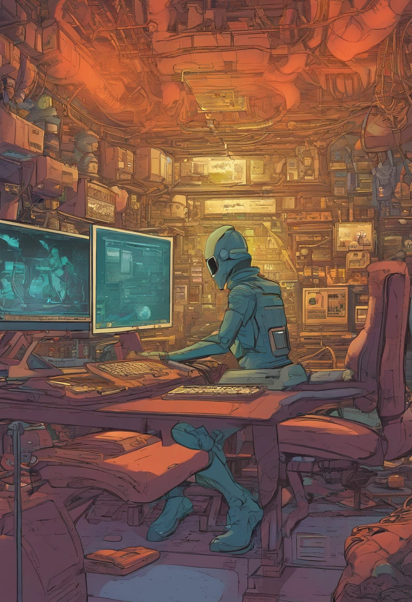 A dimly lit underground lair filled with high-tech equipment and monitors. A villainous figure in a futuristic suit is sitting at a computer, surrounded by henchmen.]