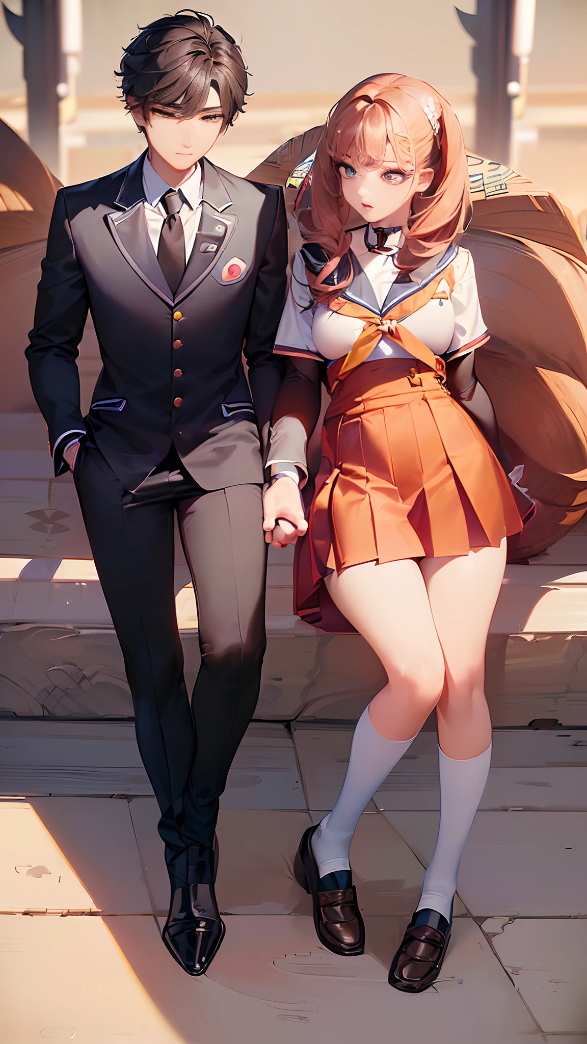(masterpiece,uhd,best quality:1,5),(perfect anatomy and best proportion,detailed face and eyes,perfect face and eyes:1,5),(( a beautiful young anime girls and a handsome young animeboy,age down,13 year old:2,0),((perfect couple with Korean Middle School Uniform:2.0)),(a girls pony tail with mini skirt,a boy with korean man hair style:1,5),(Stand side by side, holding hands,1-boy and 1-girls:2,0),young face,(school background),(a girls with medium breast and curvy body),(Shoot from the front),(expressive eyes),(Japanese face)