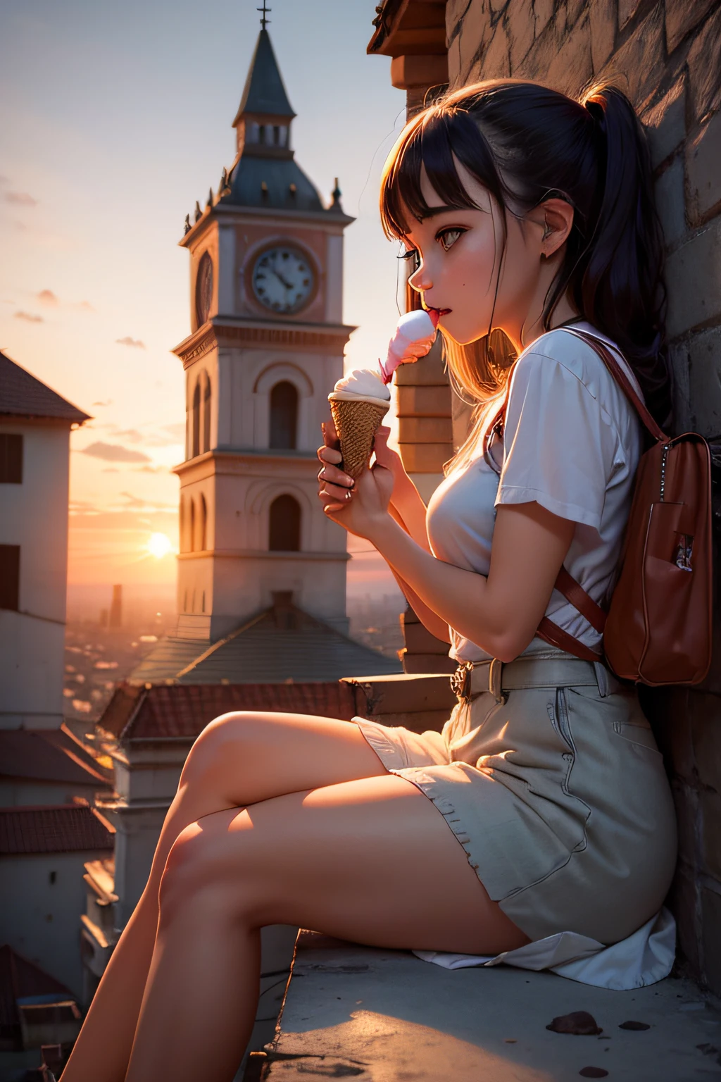 Show me a girl eating ice cream on a bell tower at sunset