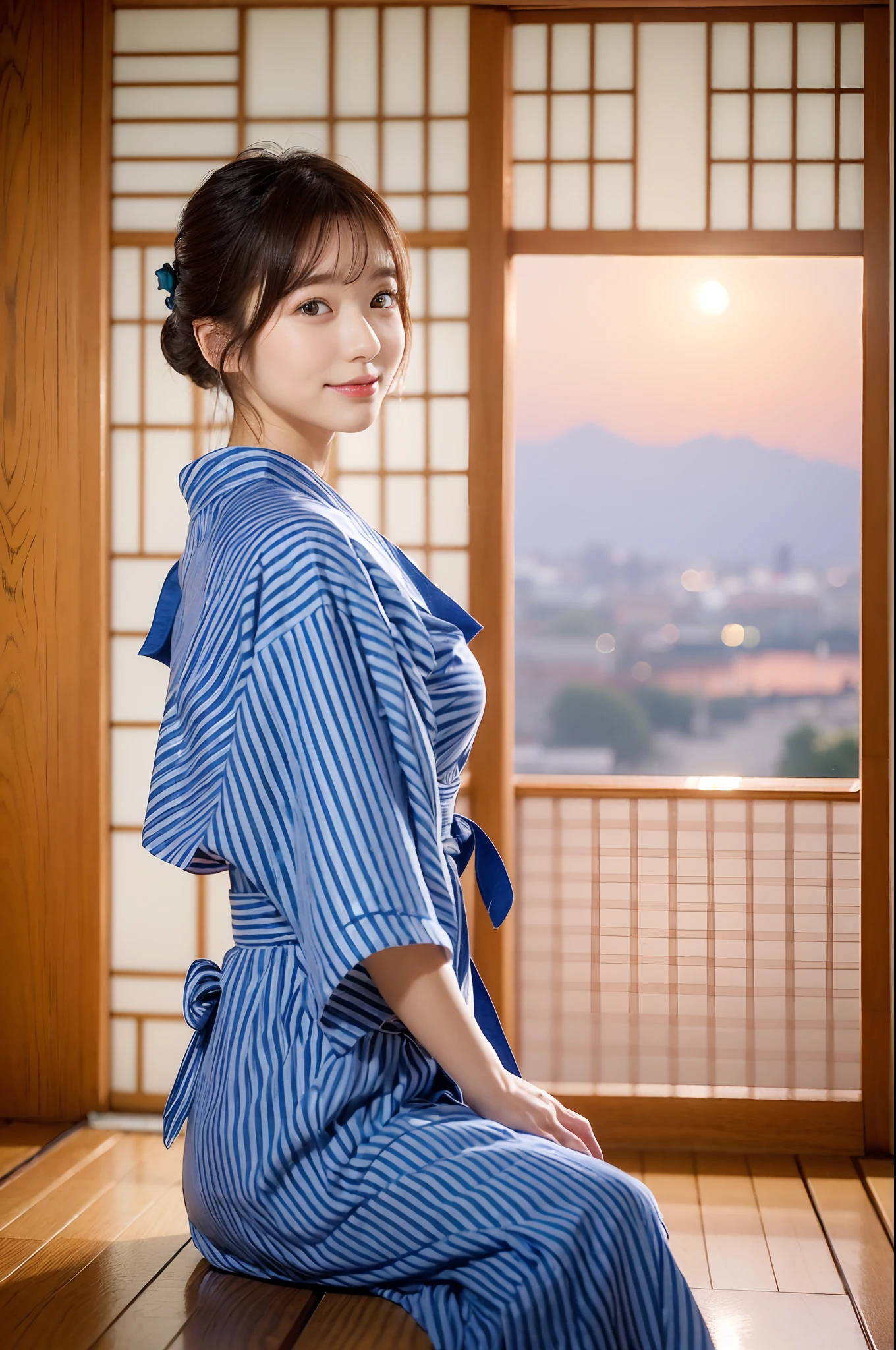 (natta:1.7), East Asian Architecture, 1womanl,Sitting on tatami mats, brunette color hair，（hair between eye）, Lip flap, ,Beautiful fingers,Beautiful long legs,Beauty Body，Cute nose，Beautiful character design，perfect  eyes，face perfect，looking at viewert，（Innocent_Big_Eyes：1.0），（light_Smile：0.3），offcial art，Very detailed CG Unity 8K wallpaper，Perfect litthing，highly colorful，Bright_front_Face_Lighting，（tmasterpiece:1.0),(best_quality:1.0), 超A high resolution,4K,ultra - detailed, photography of, 8K, nffsw, hight resolution, absurderes:1.2, Kodak Portra 400, film grains, the background is blurred, Bokeh:1.2, Lens Flare Glow, ( Vibrant_Color:1.2) (Beautiful,Large_breasts:1.4), (Beautiful_Face:1.5),(narrow_waist-up),8K,Raw photo, 、Relax at a ryokan in Japan、The background is the open-air bath at night at a hot spring inn (Girls are not subjects:1.3) (Hair after a bath:1.3),(Hair is wet:1.3) ((Girls are not subjects:1.2))((Draw a wide night background:1.2),((Yukata with light blue stripes isolated on white background:1.3)),(Yukata does not need gloss at all:1.5)),((No need for a Korean yukata or Korean-style hairstyle.:1.5)),((Faithfully and realistically reproduce a pure Japan yukata:1.5))((Light Pink Band:1.3)),((The background is the entrance living room、At night, Overlooking the inn's large and beautiful gardens..:1.3)),((8th class))、((Light Pink Band:1.5)) ((Beautiful shiny straight short long:1.5)) sixteen years old、((Beautiful shiny straight short long:1.5))((Pink Band))、((The color of the band is pink:1.3),(Faithfully and realistically reproduce the obi of a yukata:1.3) ((Faithfully and realistically reproduce a pure Japan yukata:1.5)),((Walking through the corridors of the inn at night:1.3))a sense of depth、Night Hostel　There are small lights and flowers in the hallway. (When you open a window, You can see a beautiful sunset outside.:1.3) sixteen years old、((Beautiful shiny straight short long:1.5))((Window lattices should be small、Faithful and accurate reproduct