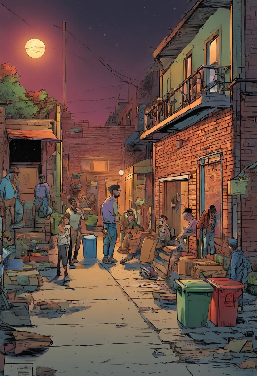 A quiet alleyway with dumpsters and dimly lit street lamps. A group of thugs are surrounding a frightened civilian, demanding their wallet.]