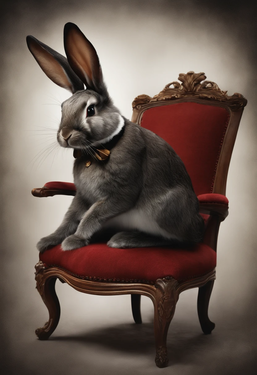 a bunny in a top hat sits on a chair, in the style of nightmarish creatures, photographically detailed portraitures, sketch fab, intricate textures, dragon art, detailed costumes, detailed facial features