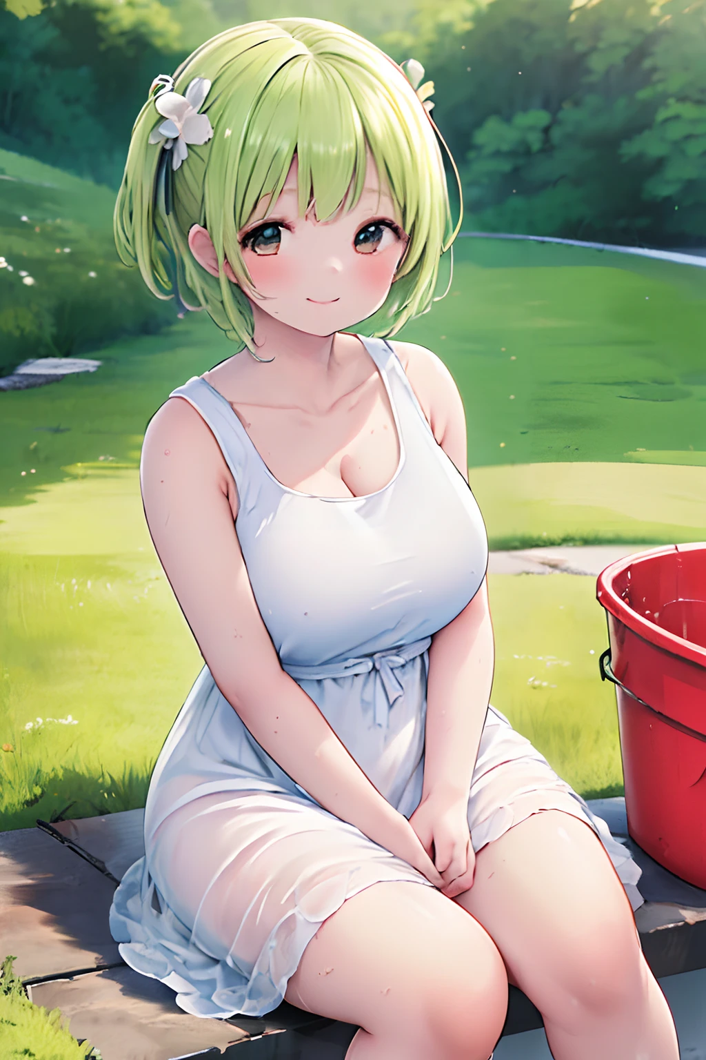 (Best Quality, masutepiece, Raw photo,Ultra-detailed:1.2), 1girl in,Solo,小柄、Soft breasts、Fluffy dresses、Young look、Looking at Viewer,Smile,Sitting、Large bin with liquid、Holding the bin in your hand、Have a large bin