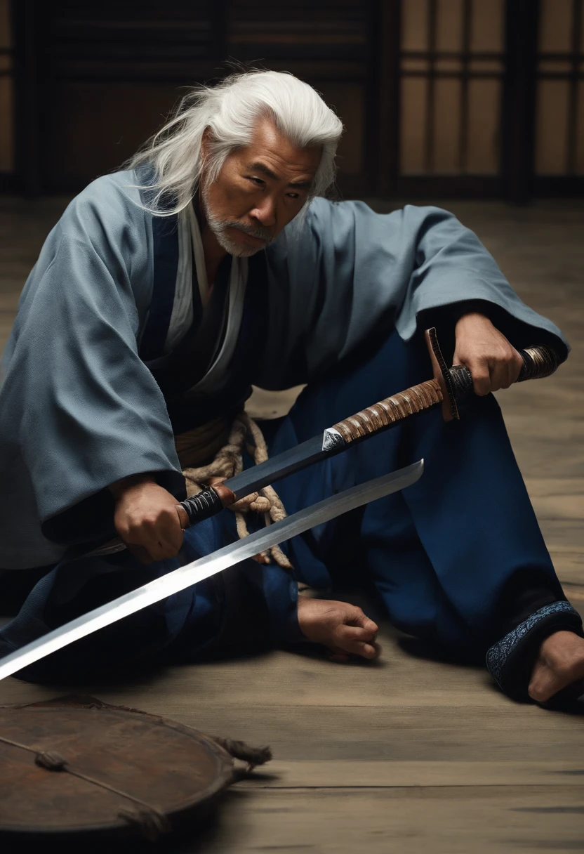 Man sitting on a battered floor, oldman, Samurai Blue Closer , angry, Expression marks, katanas, long white hair,a smile,Japanese Katana Sword