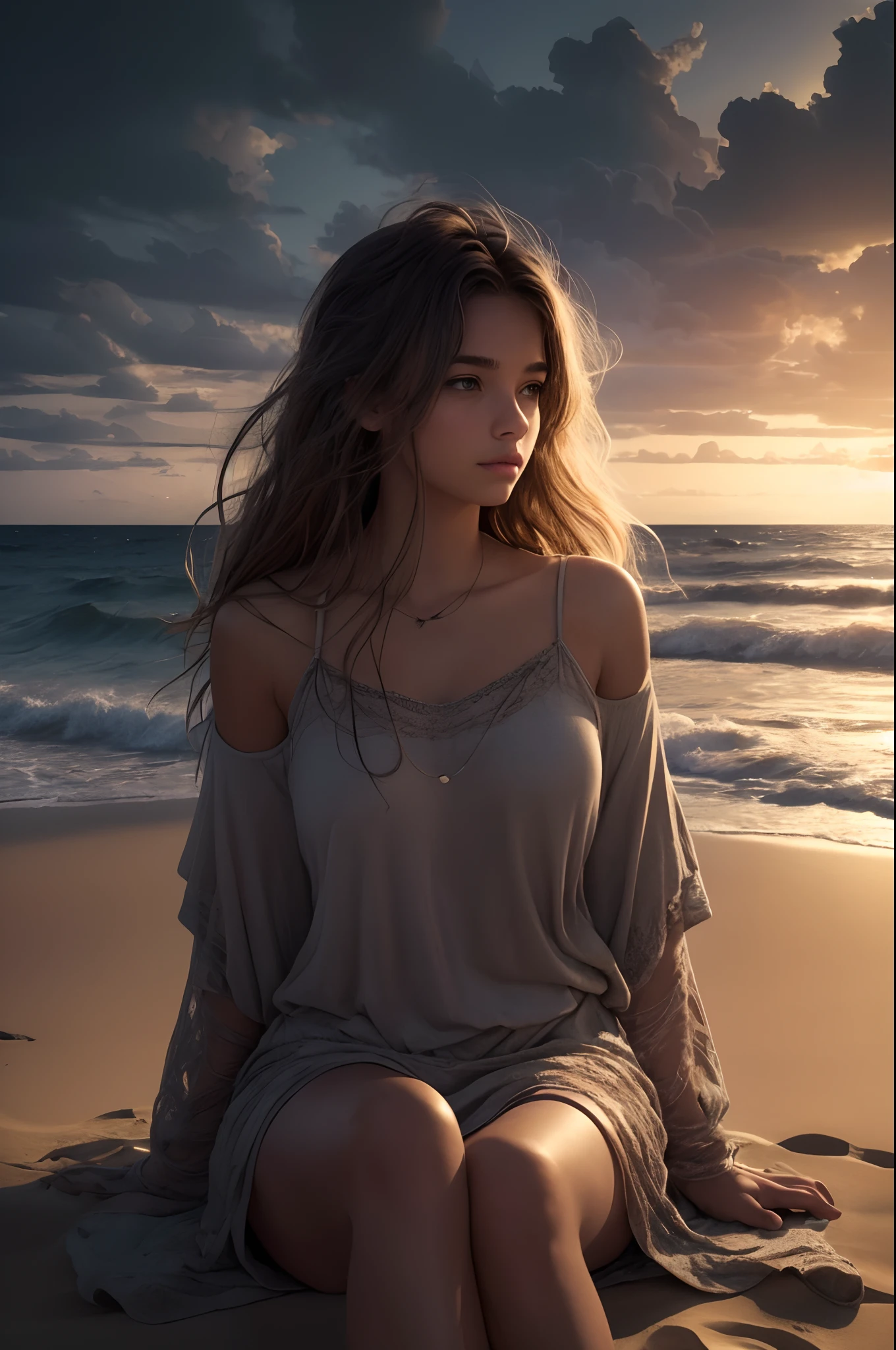 (Masterpiece, Best Quality: 1.2), Ultra Detailed, Cinematic lighting, HDR, illustartion, Landsape, 1girl, (soft colors), Post-apocalyptic beach, the night, Desert atmosphere, Girl sitting on the sand, Covered vegetation, (overcast sky), waves, Crash on the shore, (melancholic, but reassuring), A quiet moment of respite, (detailed textures), Wind-blown hair, Cloudy at night