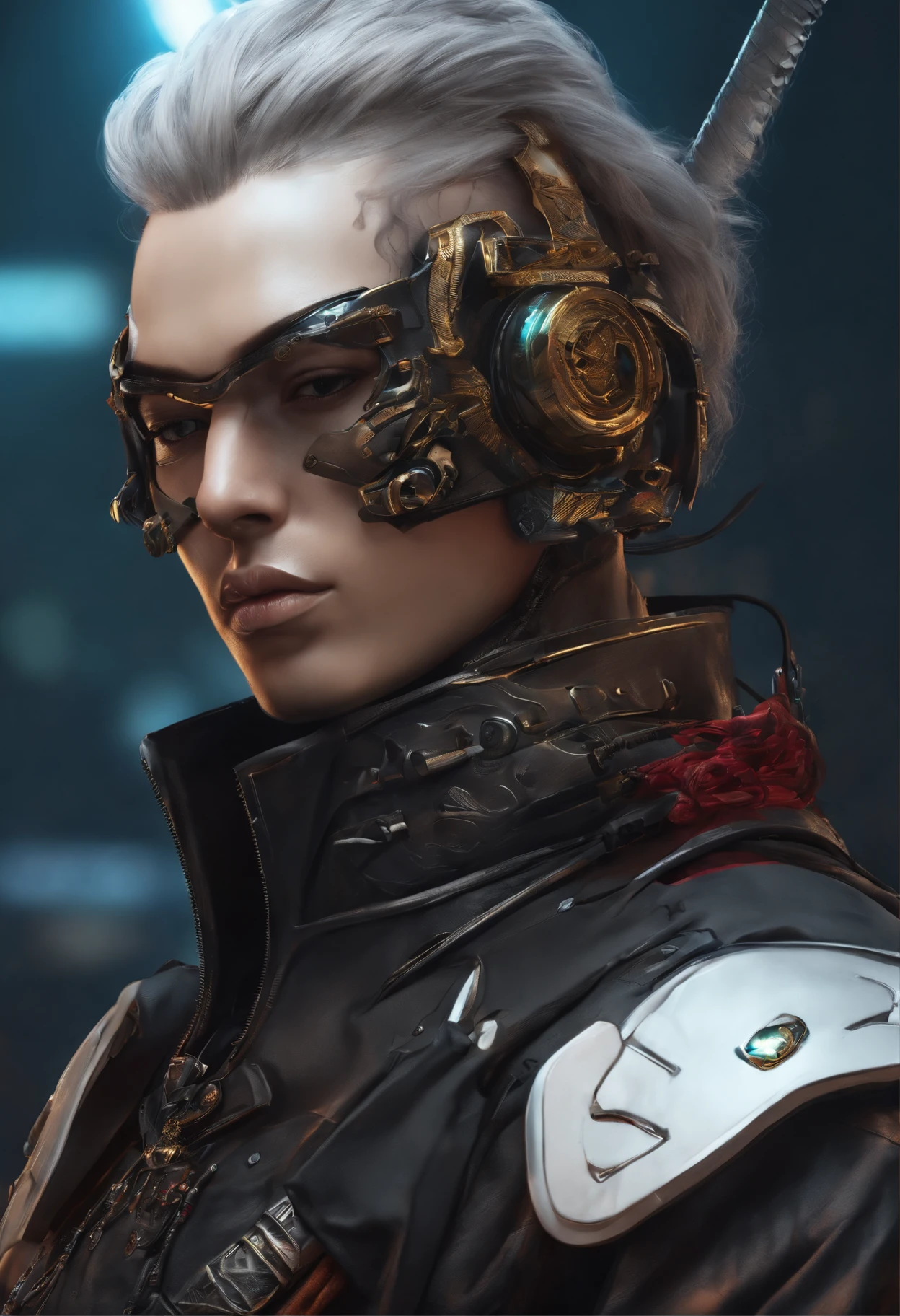 (A detailed portrait of a cyberpunk Samurai with cyberpunk mask), exquisite and slim fitting Cyber style clothing, Cartoon characters from Europe and America,Realistic painting style,Clear lines,Facial tattoo,A sharp gaze,Exquisite facial details,best quality, art, masterpiece, illustration, Bright Colors,color grading,High saturation,High contrast,Poster Style, White background,Accent OctaneRendering,full view,8k --niji 5