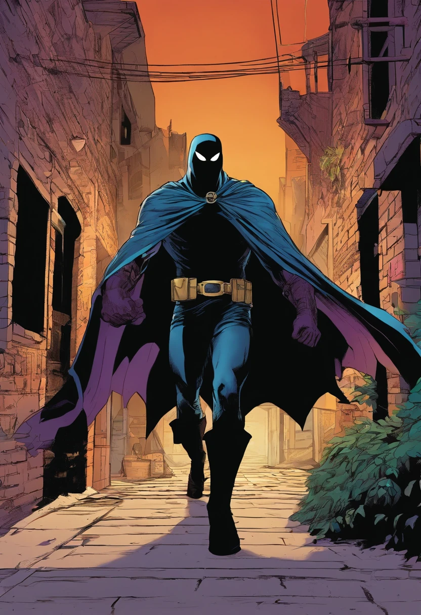 The same alleyway, but now a shadowy figure with glowing eyes and a cape swoops down from above, startling the thugs.]