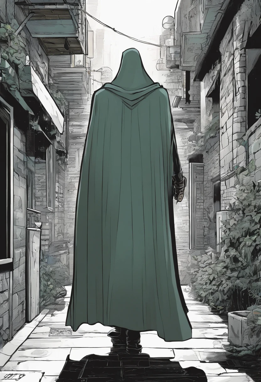 The same alleyway, but now a shadowy figure with glowing eyes and a cape swoops down from above, startling the thugs.]