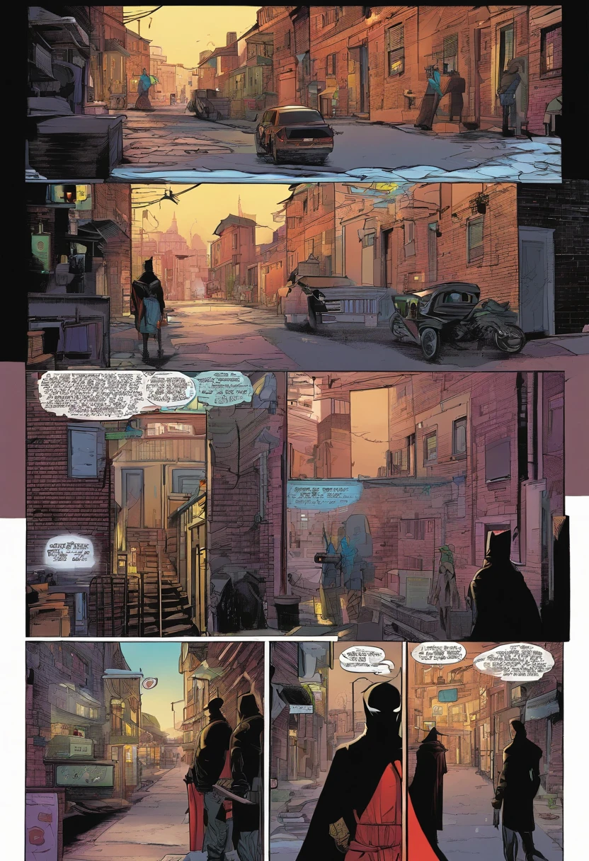 The same alleyway, but now a shadowy figure with glowing eyes and a cape swoops down from above, startling the thugs.]