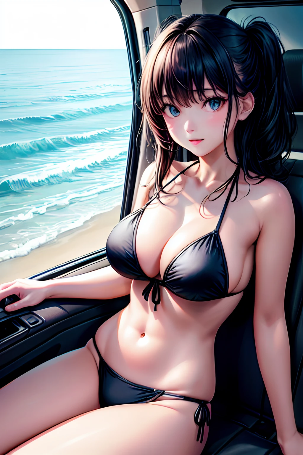 hight resolution, top-quality, ultra-quality, The ultra-detailliert, lighting like a movie、A dark-haired、Girl in bikini sitting in the passenger seat of truck、