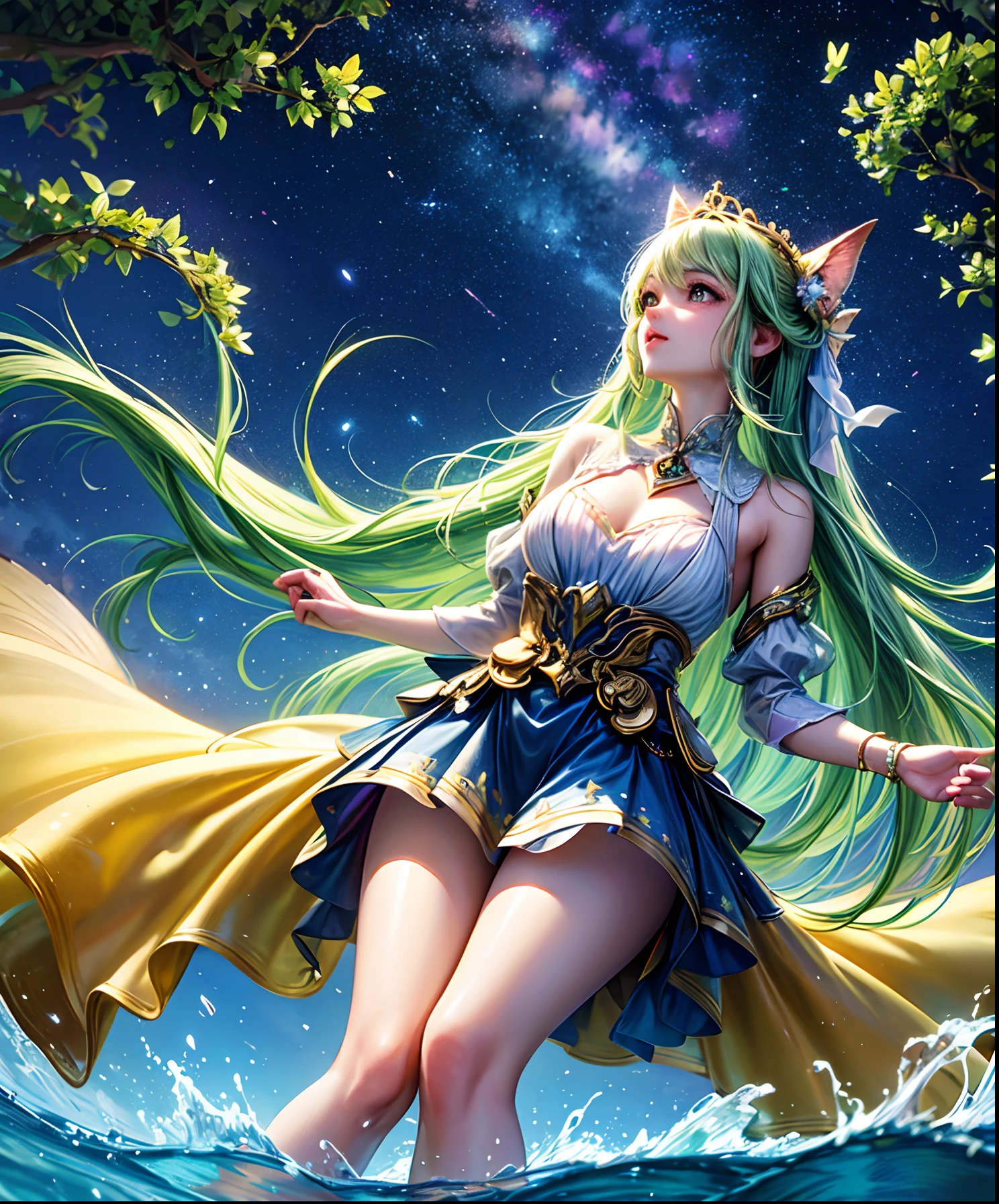 Cute girl characters、Describes a scene with grassy butterflies lying on the water flying around, Looking up at the starry sky. Surround her with colorful nebulae and her favorite constellations.