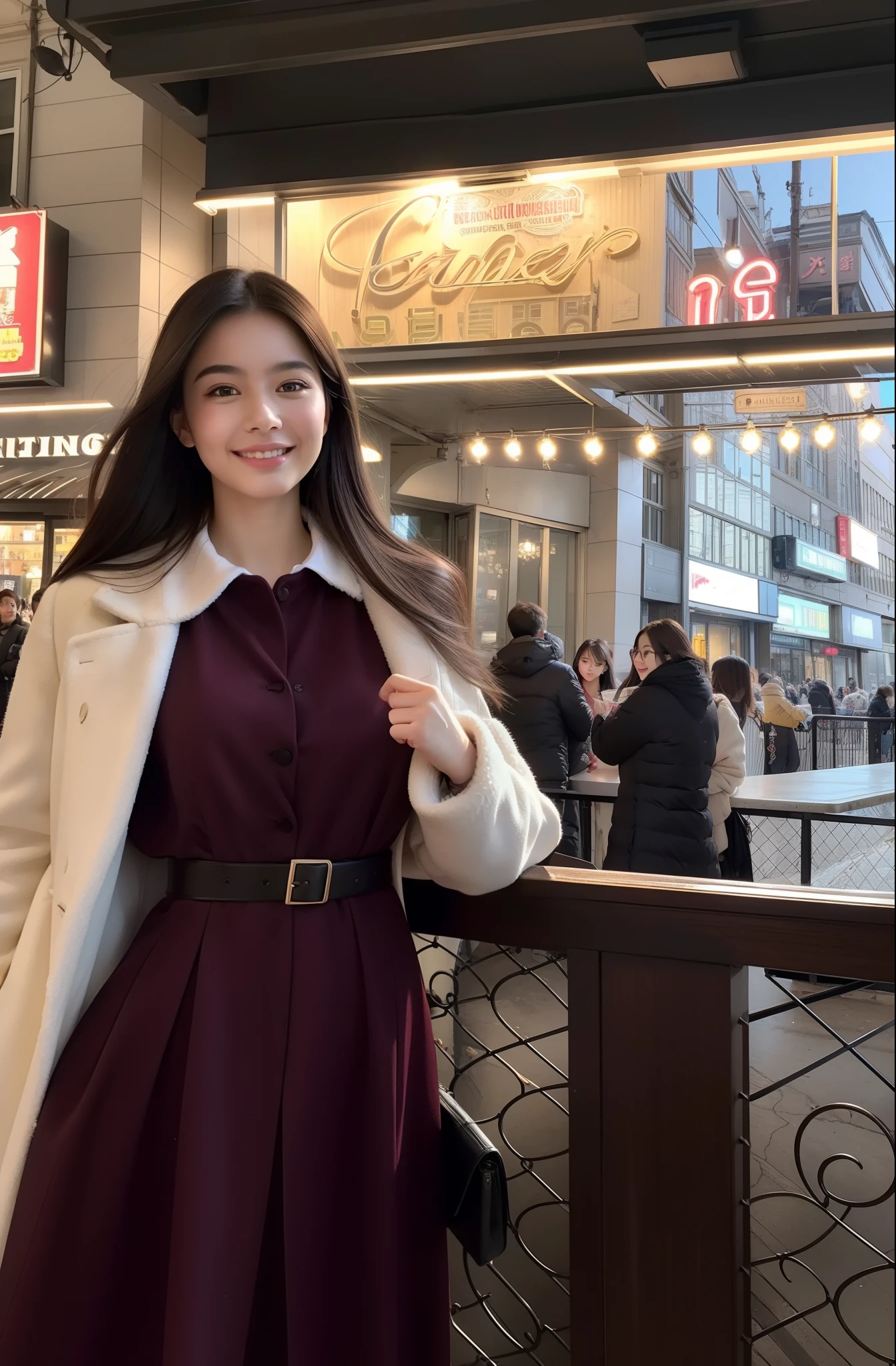 (best quality,4k,8k,highres,masterpiece:1.2),ultra-detailed,(realistic,photorealistic,photo-realistic:1.37), reporter, wearing an expensive feather coat, alluring smile, beautiful girl youthfulness, vibrant colors, professional lighting, detailed background, vintage style, focused expression, elegant pen, notebook with shorthand notes, confident posture, intriguing gaze, bustling city streets, dynamic composition