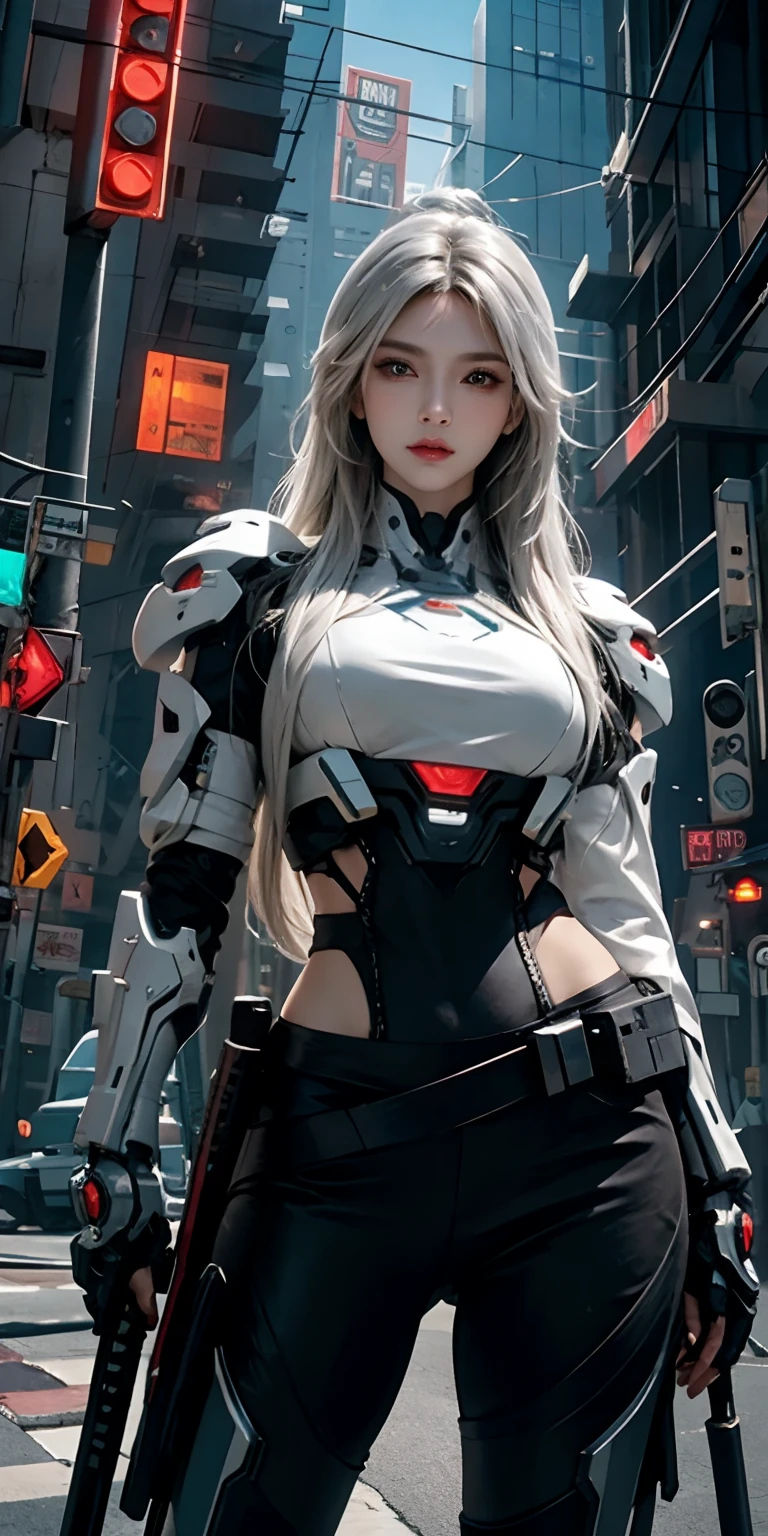 photorealistic, high resolution, soft light,1women, solo, hips up, (detailed face), white long hair, cybersamurai, cyborg, cyberpunk,  cyber armor, holding weapon,glowing,gun, sniper, on the street