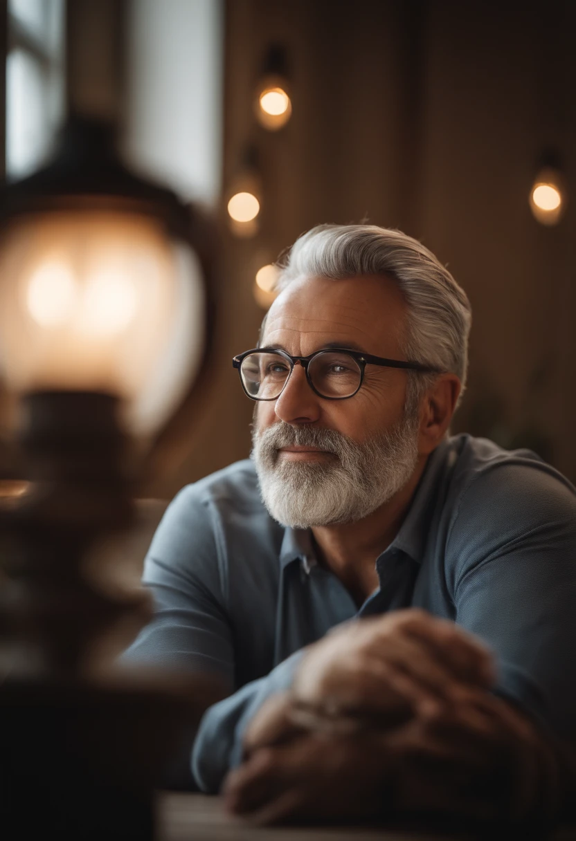 best quality,portrait of a father,realistic,beautiful detailed eyes,loving smile,distinguished features,grey hair and beard,warm expression,wise and kind eyes,wrinkles around the eyes and forehead,gentle and caring personality,proud and confident posture,glasses,properly groomed appearance,lighting that highlights the facial features,natural and soft colors,subtle shadows,studio lighting,up-close shot,sharp focus,vivid colors,happy and peaceful atmosphere