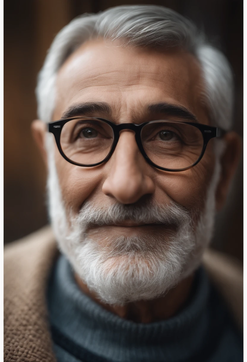 best quality,portrait of a father,realistic,beautiful detailed eyes,loving smile,distinguished features,grey hair and beard,warm expression,wise and kind eyes,wrinkles around the eyes and forehead,gentle and caring personality,proud and confident posture,glasses,properly groomed appearance,lighting that highlights the facial features,natural and soft colors,subtle shadows,studio lighting,up-close shot,sharp focus,vivid colors,happy and peaceful atmosphere