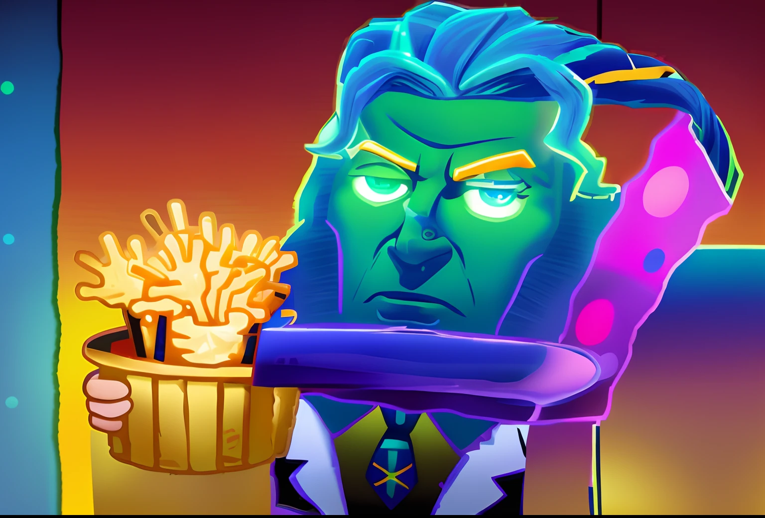 Caricature of a man holding a bucket of fries and a glass of soda, dio brando, french fries as arms, jjba, johan liebert mixed with dante, Thanos eats Big Macs, as a fortnite character, as an atlantean, popcorn as morpheus, Donald Trump as Hulk, Donald Trump as Thanos, with fries, 🚀🌈🤩