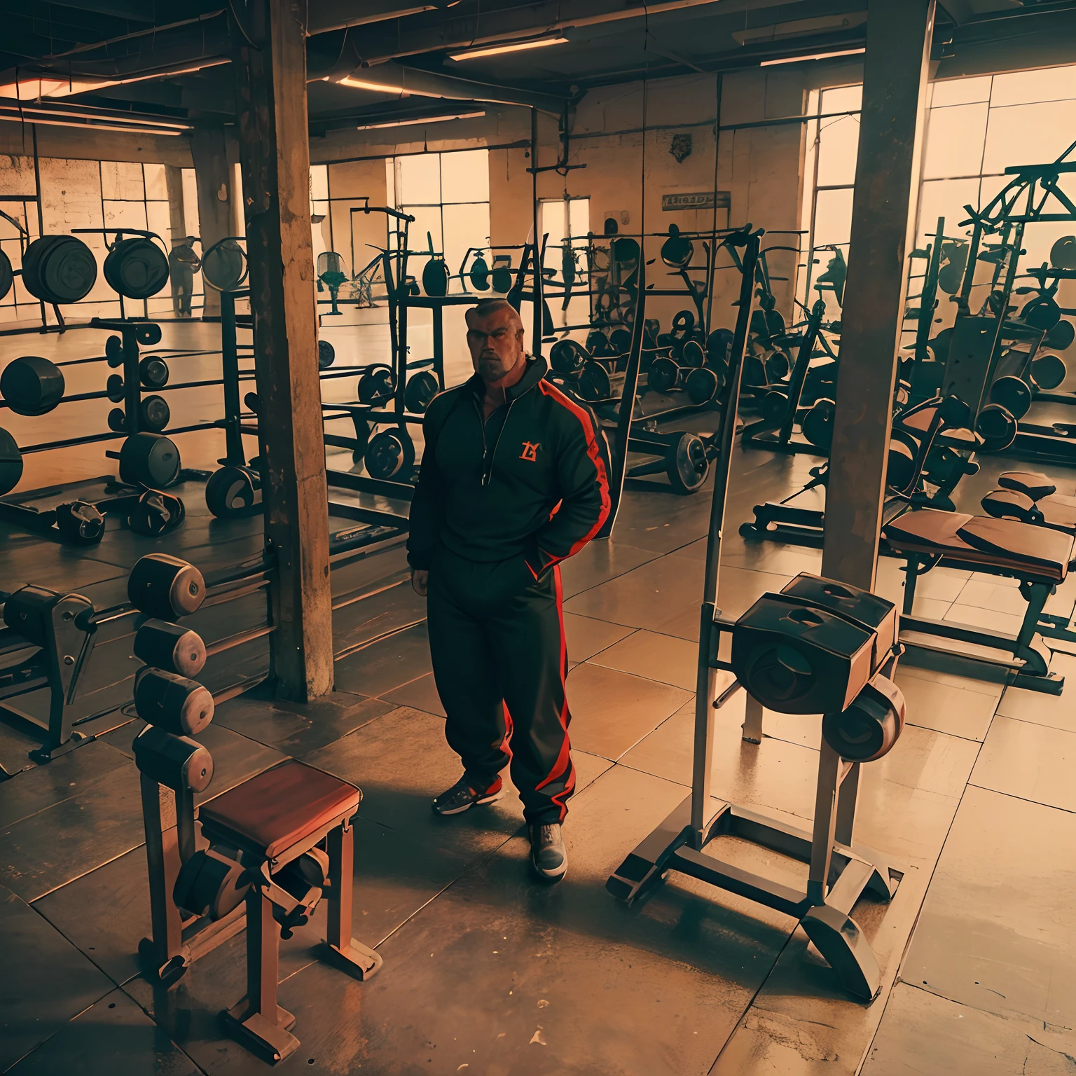 old-school rusty gym in soviet russia, during the 80's,iron barbells, iron dumbbells and (old used bodybuilding machines:1.6). View from above with a slight dive, ((hard cold lighting)), ussr gym interior, rock hard floor. Old bodybuilding golden era gym, 80's soviet era style. Realistic fujifilm analog style photography, detailed face, accurate soviet text, f8.0, wide shot, 16mm lens.((((((A single muscular soviet man standing in the middle)))))) with a small mustache, In an (old school loose black tracksuit:1.5)
