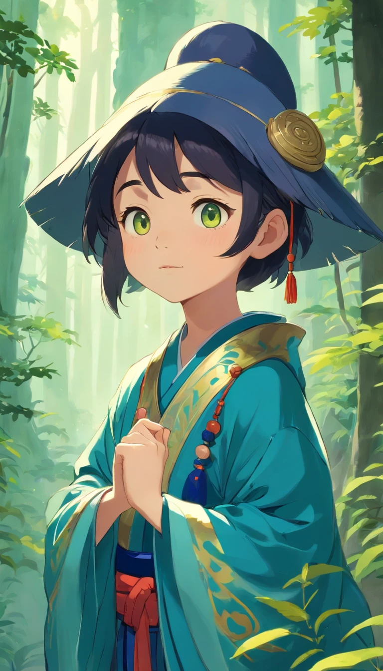 A young boy dressed in traditional Chinese Taoist costume。She is dressed in an indigo robe,The hat is embroidered with a golden tai chi pattern。The face has a cute expression in Pixar-style style,Eyes shining,With a slight smile。A Chinese-style compass is gently held in one hand,The other hand is raised in a mysterious gesture,It's as if you're working on a Taoist magic。The background around her is a mysterious mountain forest,Surrounded by mist and emerald green trees。