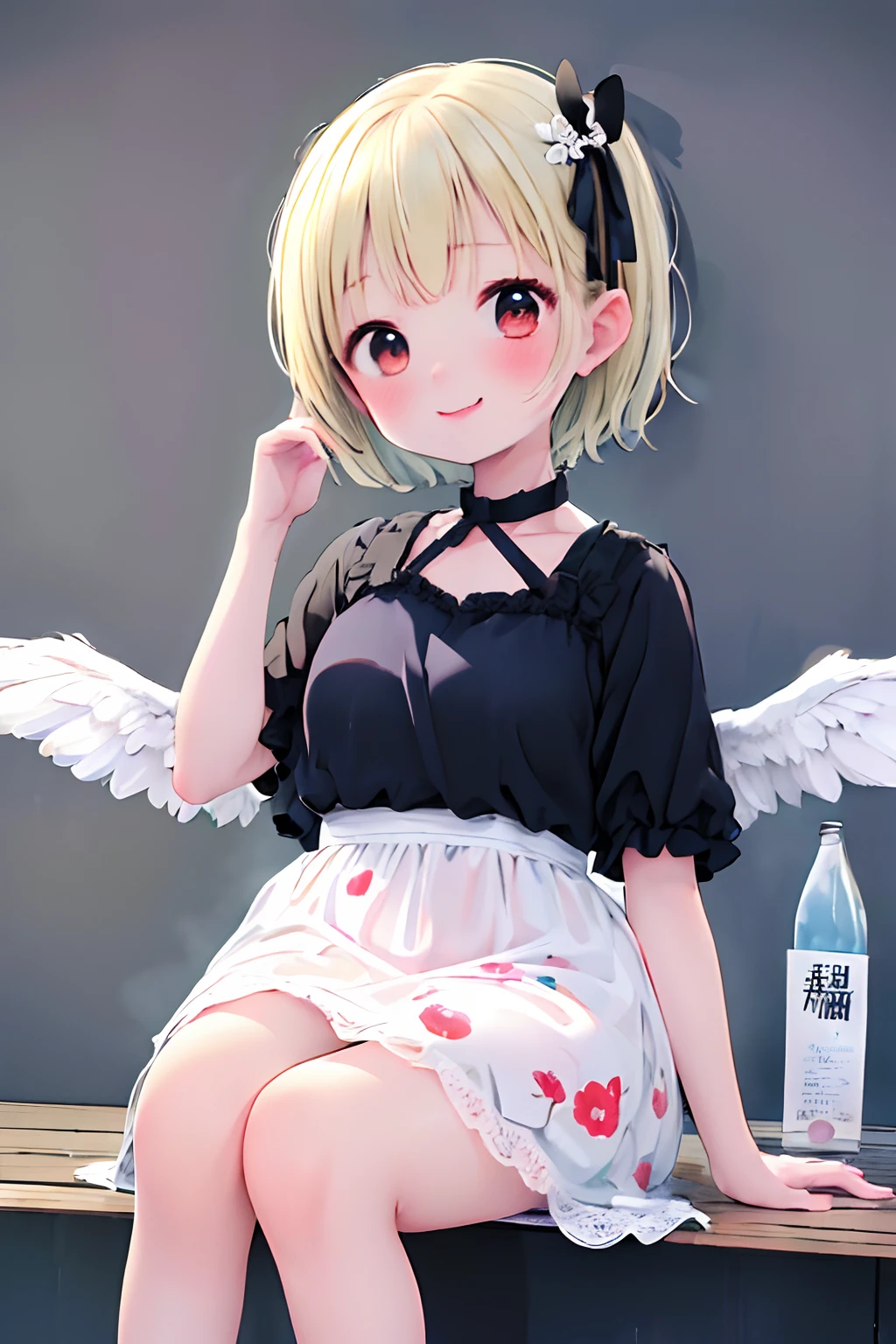 (Best Quality, masutepiece, Raw photo,Ultra-detailed:1.2), 1girl in,Solo,小柄、Little Devil's Wings、Fluffy dresses、Young look、Looking at Viewer,Smile,Sitting、Large bin with liquid、Holding the bin in your hand、Have a big bin