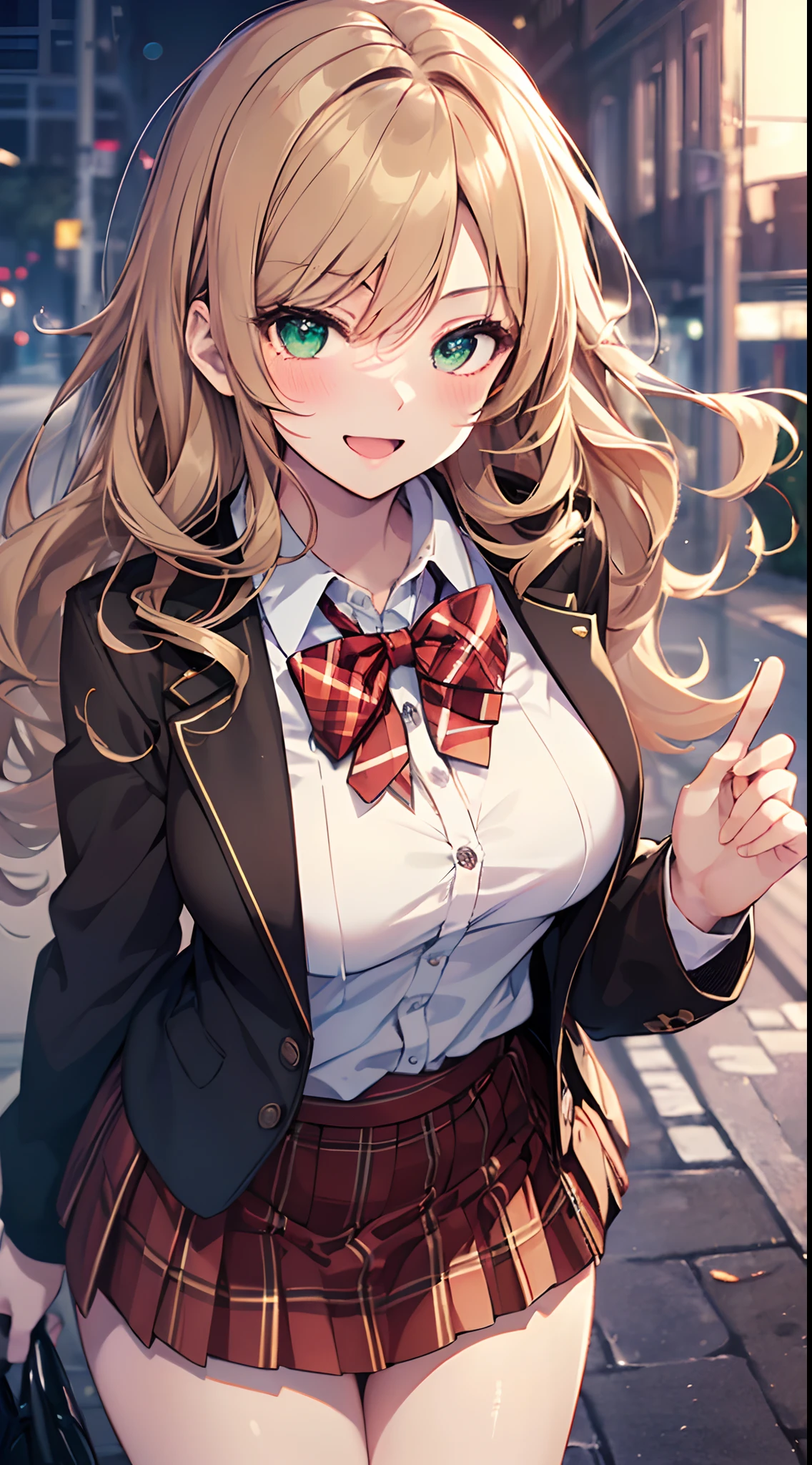 ((masutepiece, Best Quality, hight resolution, nffsw, Perfect Pixel, depth of fields, 4K, nffsw, nffsw))), 1girl in, Single, Solo, Beautiful anime girl, Beautiful Art Style, Anime Character, ((Long hair, Bangs, dark brown hair, Curly hair:0.8)), ((Green eyes:1.4, Detailed eyes, Beautiful eyes, Perfect eyes,Curly eyelashes, Realistic eyes)), ((Detailed face, Blushing:1.2)), ((Smooth texture:0.75, Realistic texture:0.5, Anime CG style)), medium breasts, Dynamic Angle, busty, Perfect body, Dynamic Pose, ((red bowtie, School uniform, Black jacket, Open jacket, Brown cardigan, White shirt, Black skirt, plaid skirts)), Smile, Open mouth, arms behind back, Leaning forward, Amulment Park, ((close up, POV, Cute, Shoot in the face))